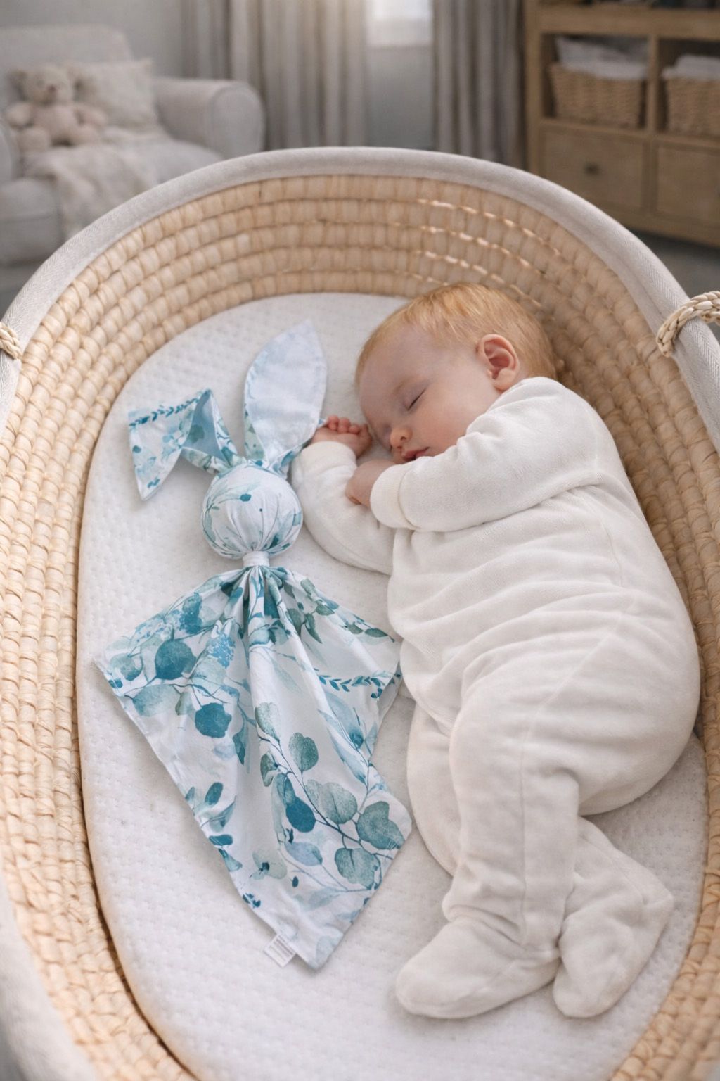 DOUDOU Soft cosy cuddly bunny blanket in cotton - Eucaliptus mint - white