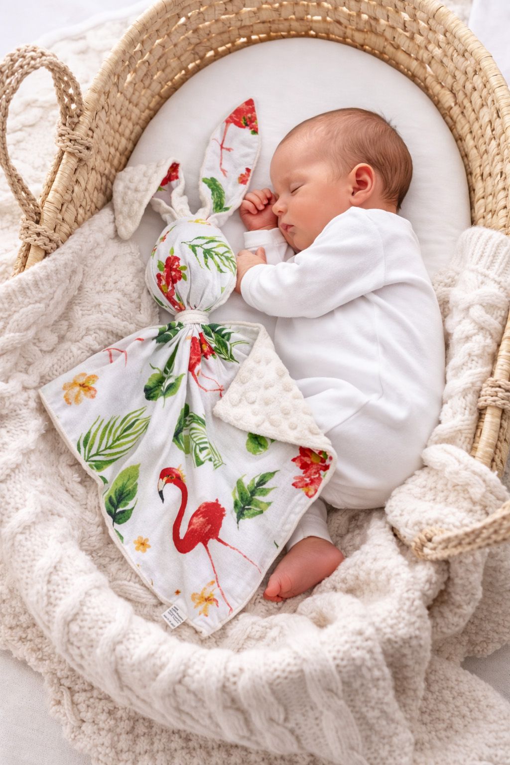 DOUDOU Cuddly bunny double-sided cotton and minky - Coral flamingos - ecru