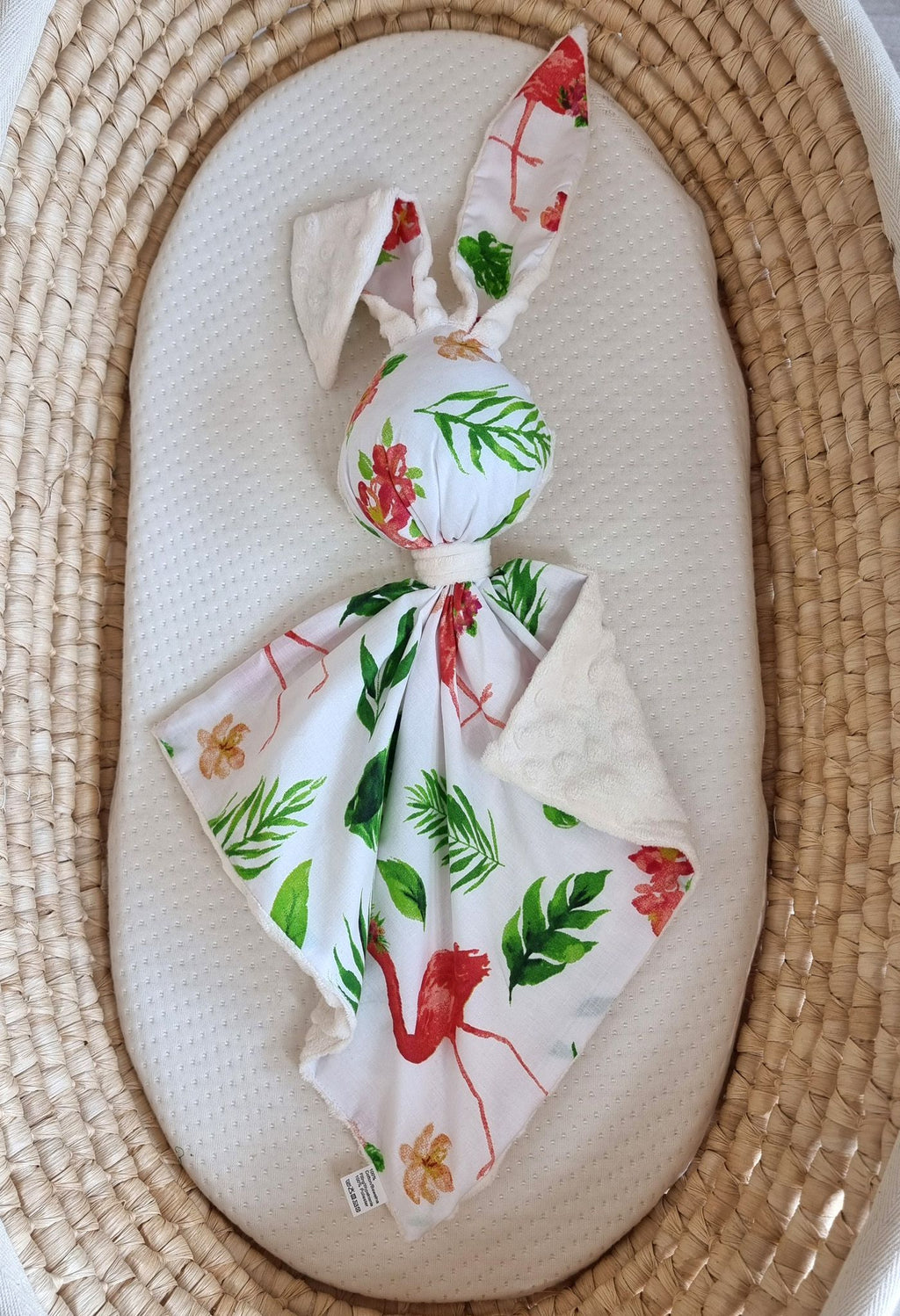 DOUDOU Cuddly bunny double-sided cotton and minky - Coral flamingos - ecru