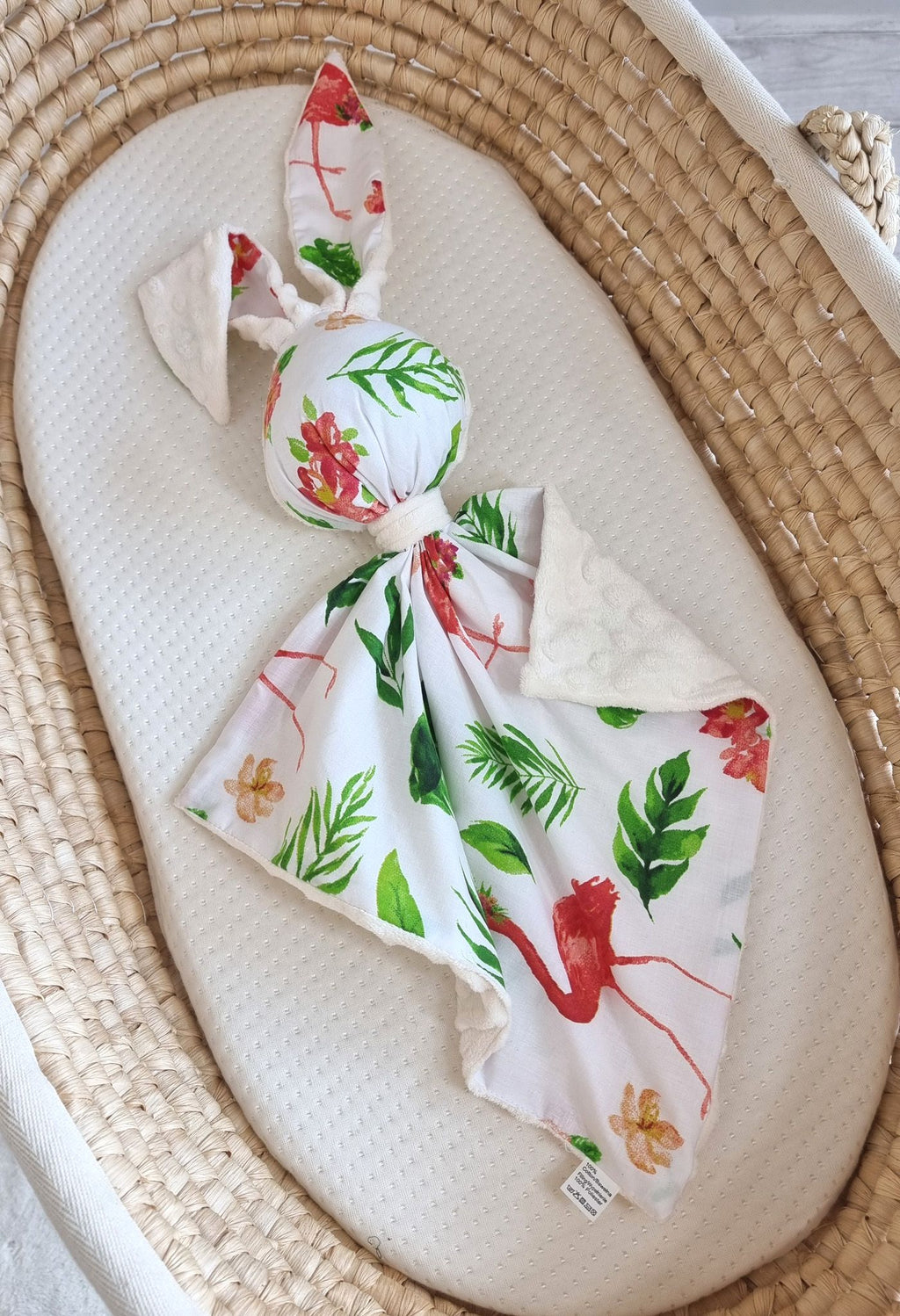 DOUDOU Cuddly bunny double-sided cotton and minky - Coral flamingos - ecru