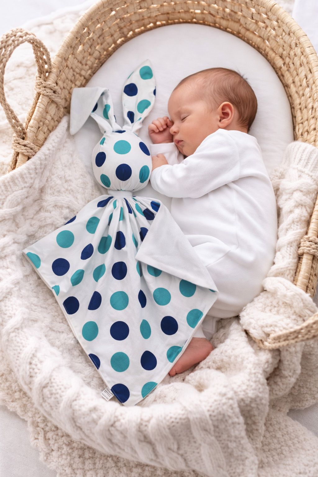 DOUDOU Cuddly bunny double-sided cotton and minky - Mint and navy blue dots - white