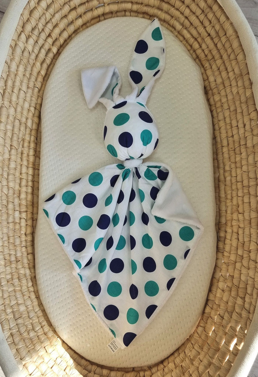 DOUDOU Cuddly bunny double-sided cotton and minky - Mint and navy blue dots - white