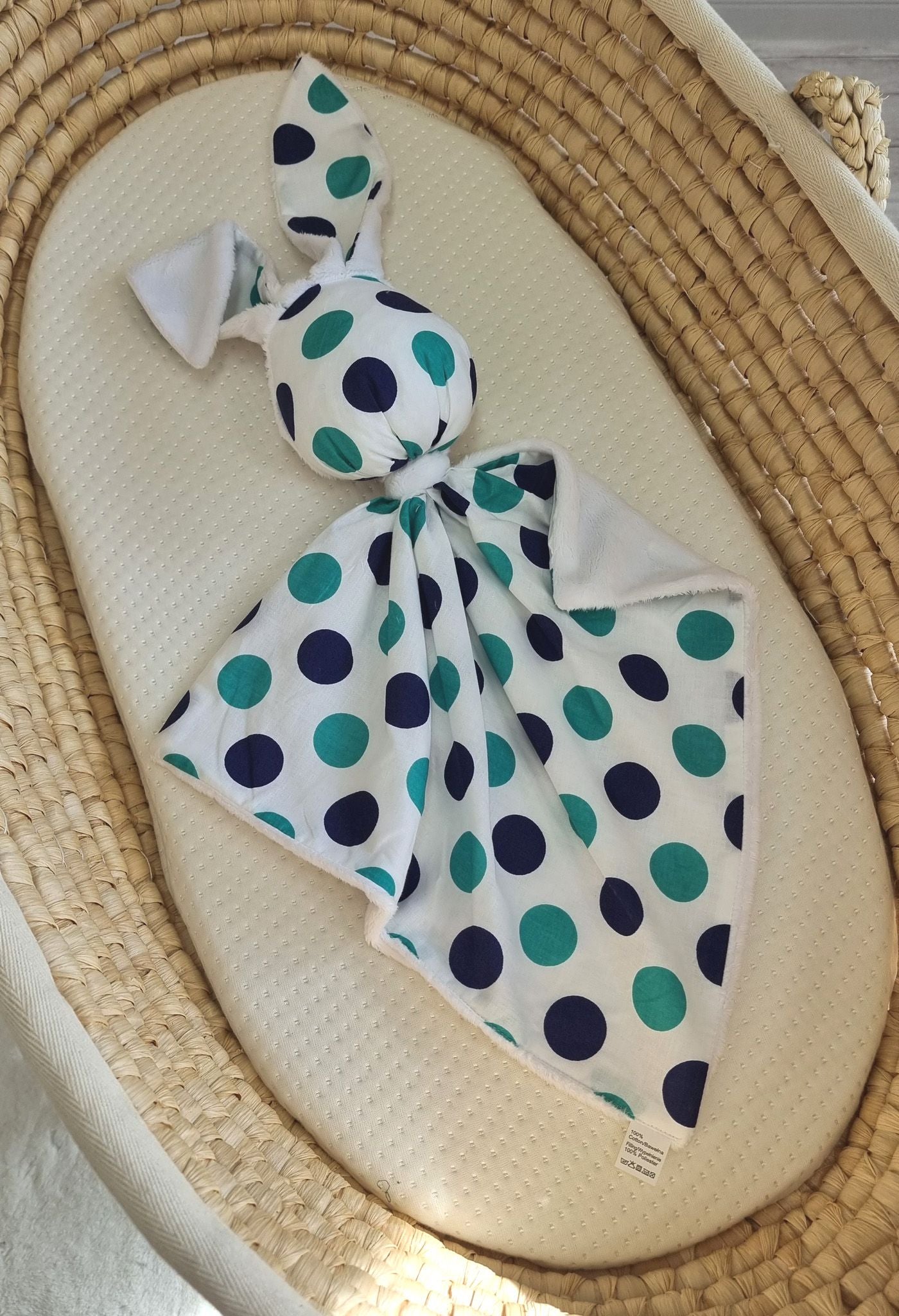 DOUDOU Cuddly bunny double-sided cotton and minky - Mint and navy blue dots - white