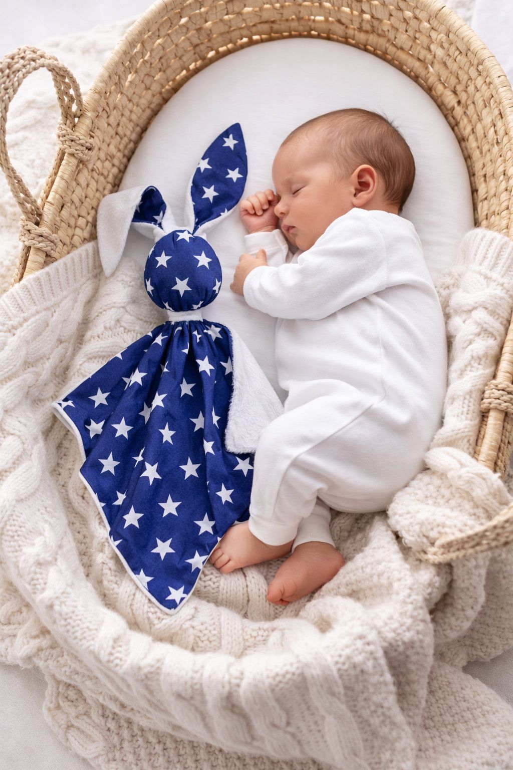 DOUDOU Cuddly bunny double-sided cotton and minky - Navy blue stars - white