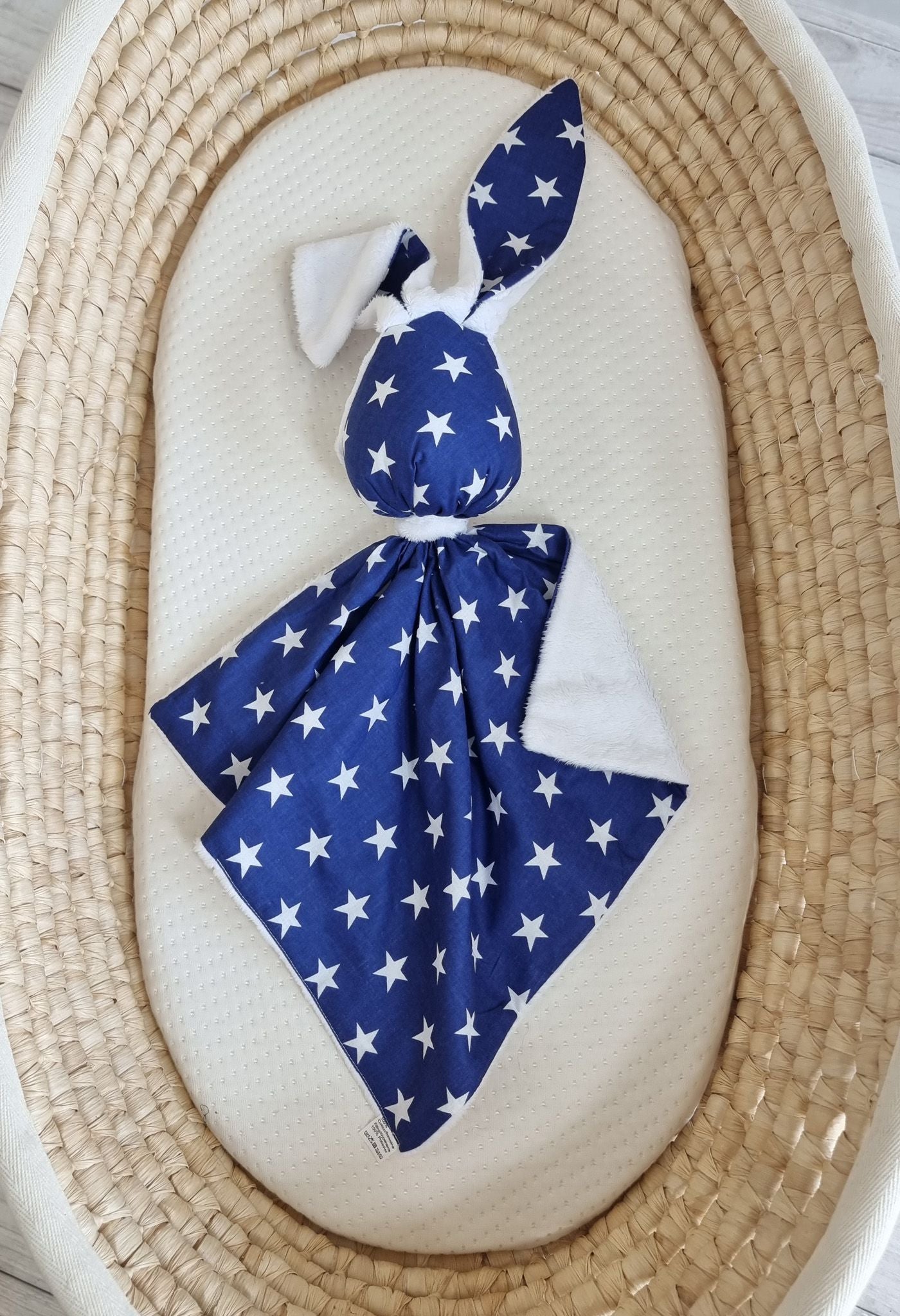 DOUDOU Cuddly bunny double-sided cotton and minky - Navy blue stars - white