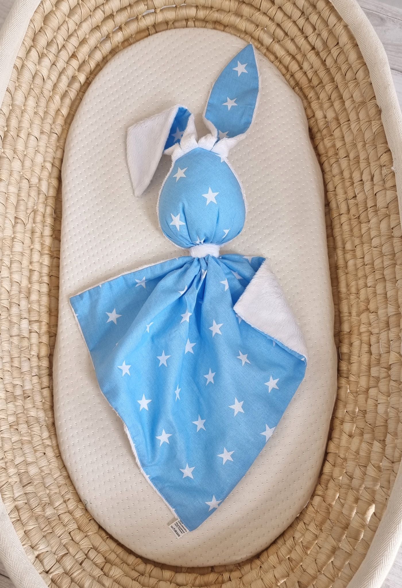 DOUDOU Cuddly bunny double-sided cotton and minky - Blue stars - white