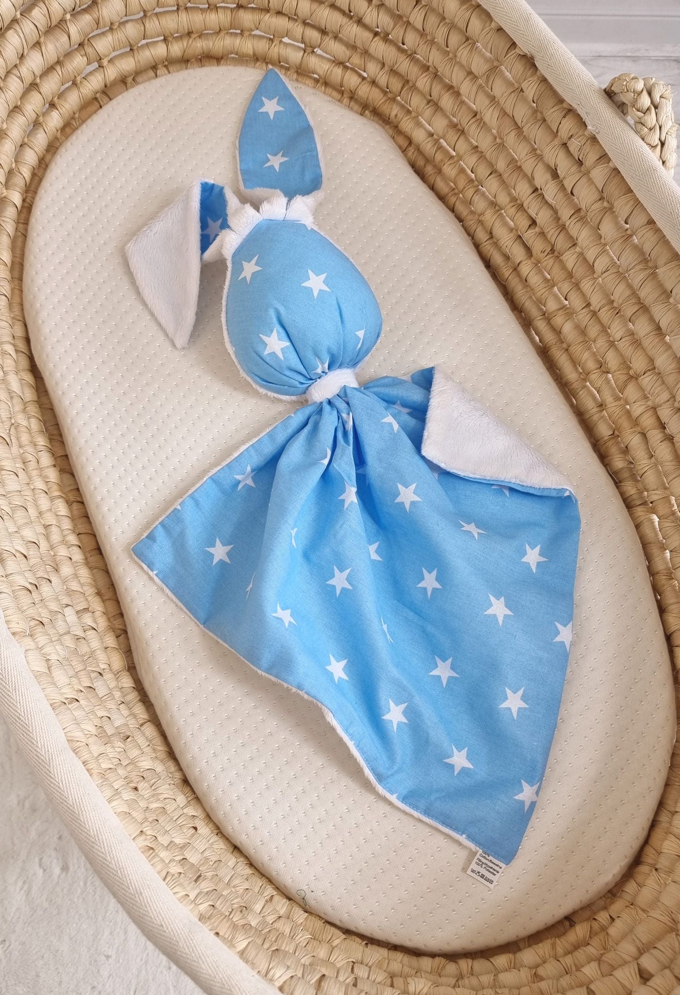 DOUDOU Cuddly bunny double-sided cotton and minky - Blue stars - white