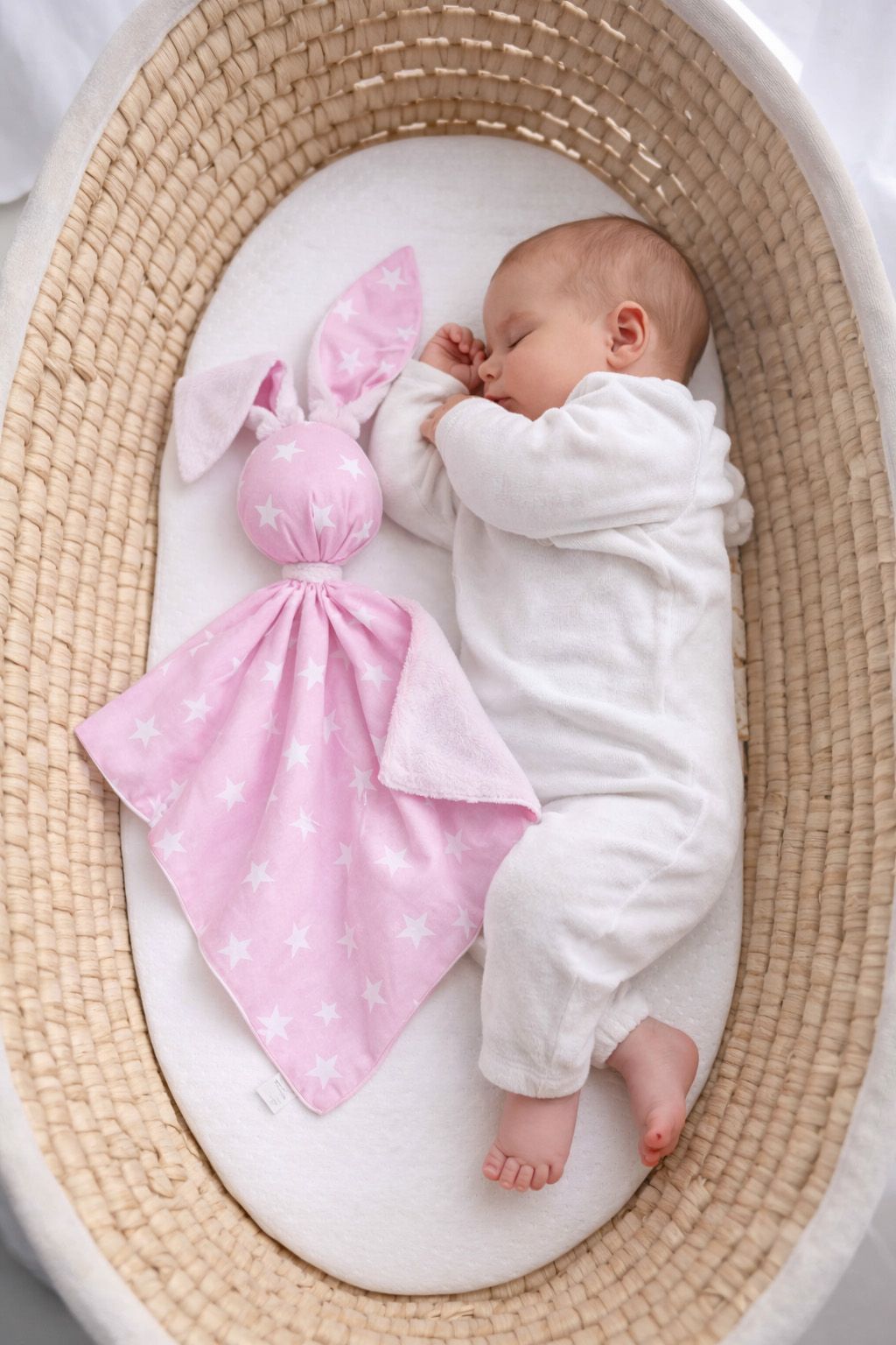 DOUDOU Cuddly bunny double-sided cotton and minky - Pink stars - white