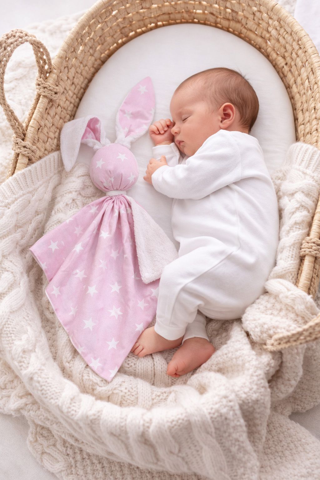 DOUDOU Cuddly bunny double-sided cotton and minky - Pink stars - white