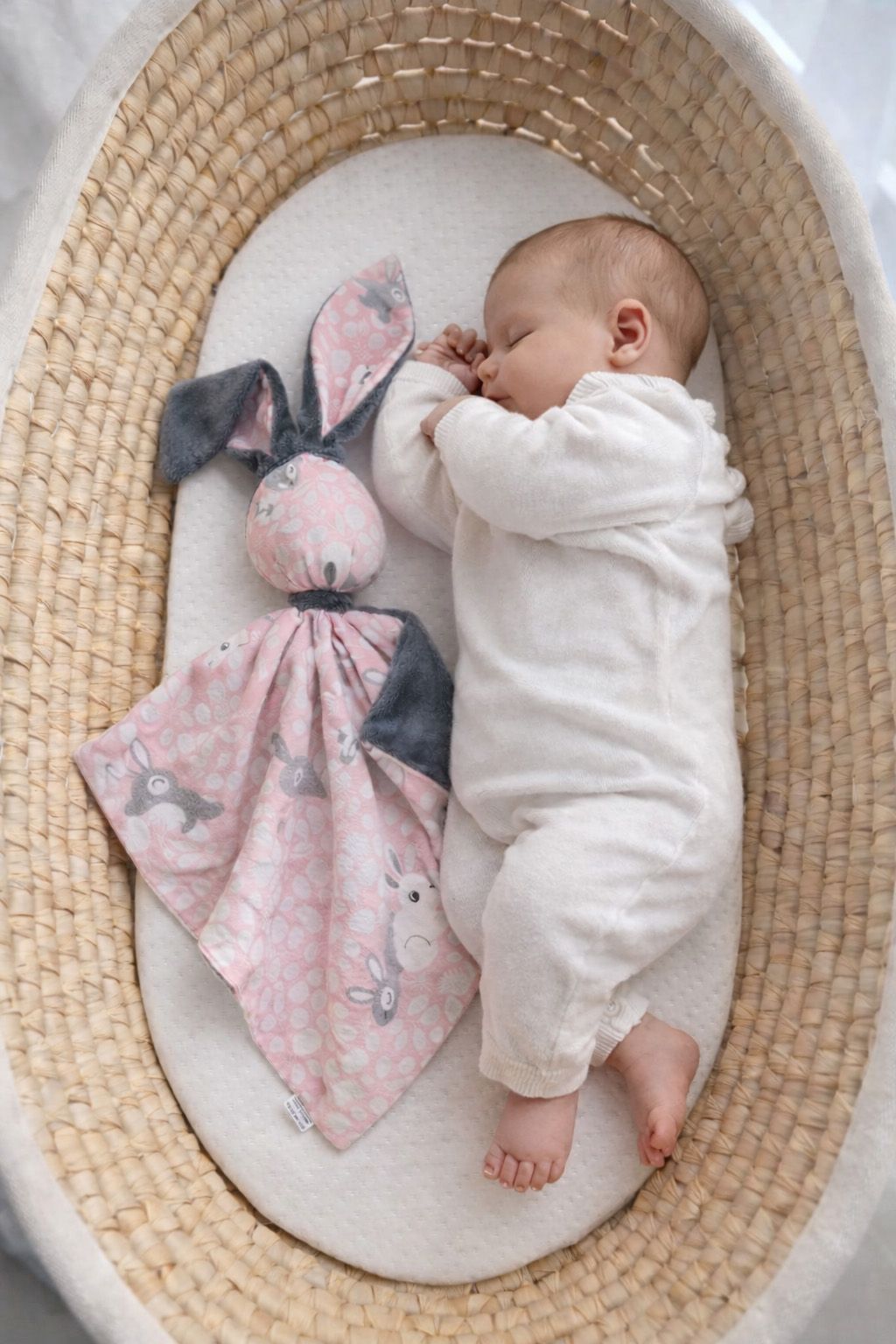 DOUDOU Cuddly bunny double-sided cotton and minky - Pink Bunnies - dark grey
