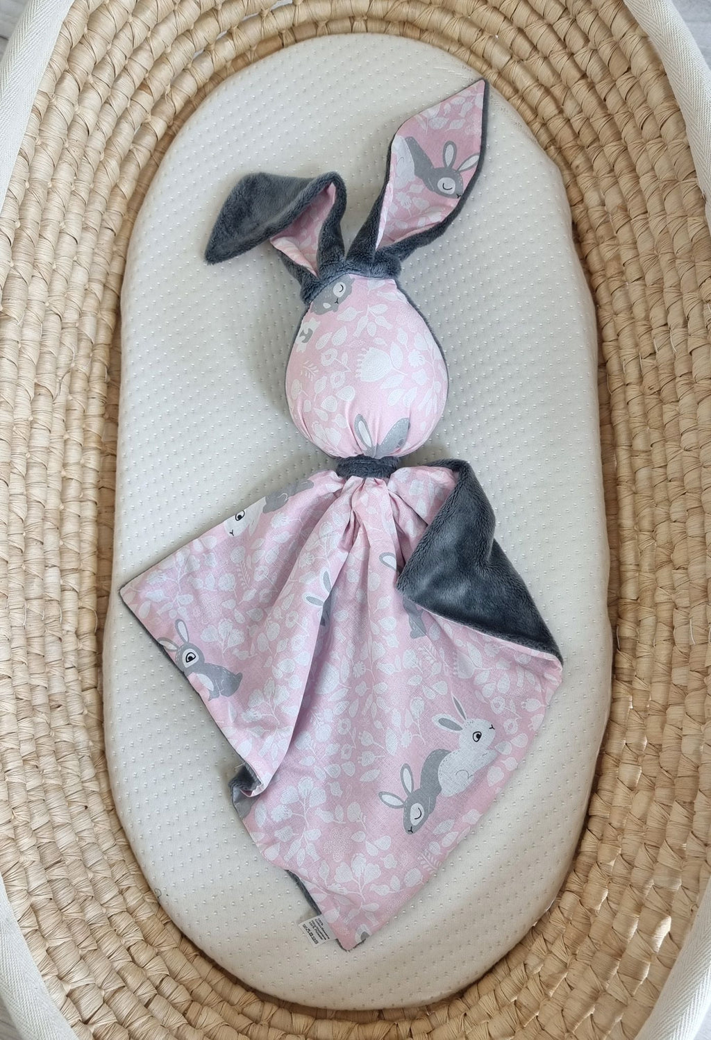 DOUDOU Cuddly bunny double-sided cotton and minky - Pink Bunnies - dark grey