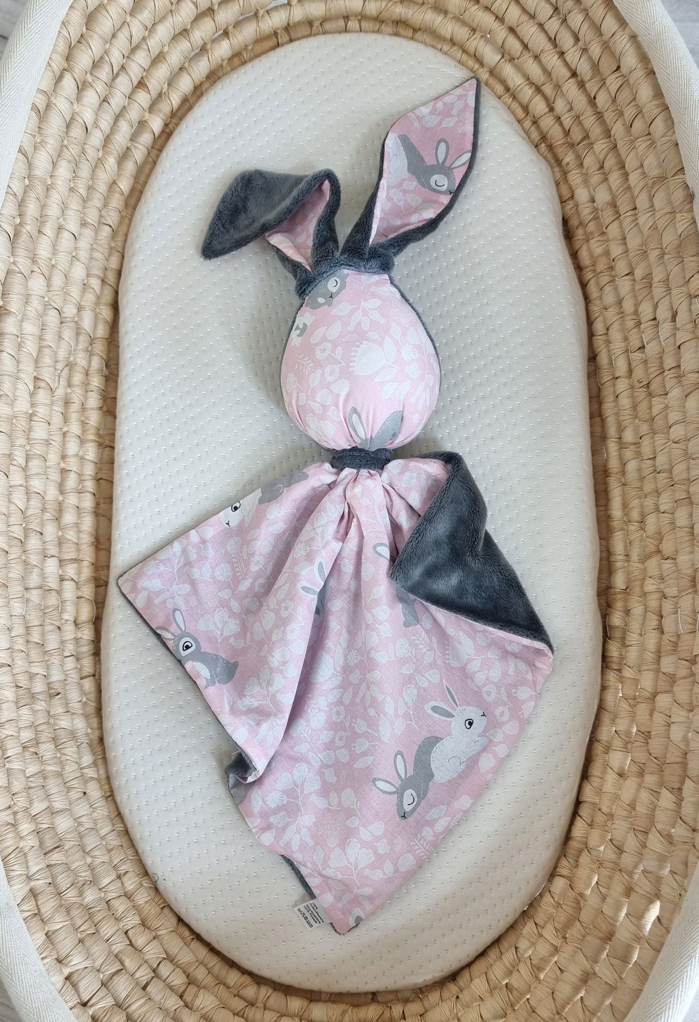 DOUDOU Cuddly bunny double-sided cotton and minky - Pink Bunnies - dark grey