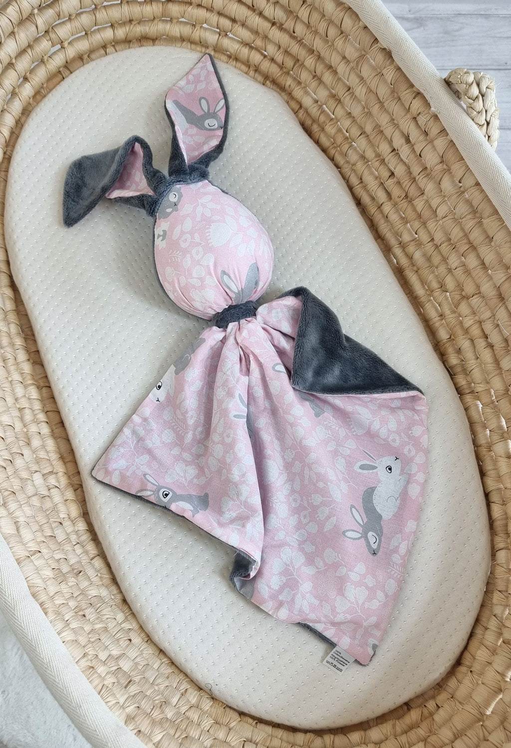 DOUDOU Cuddly bunny double-sided cotton and minky - Pink Bunnies - dark grey