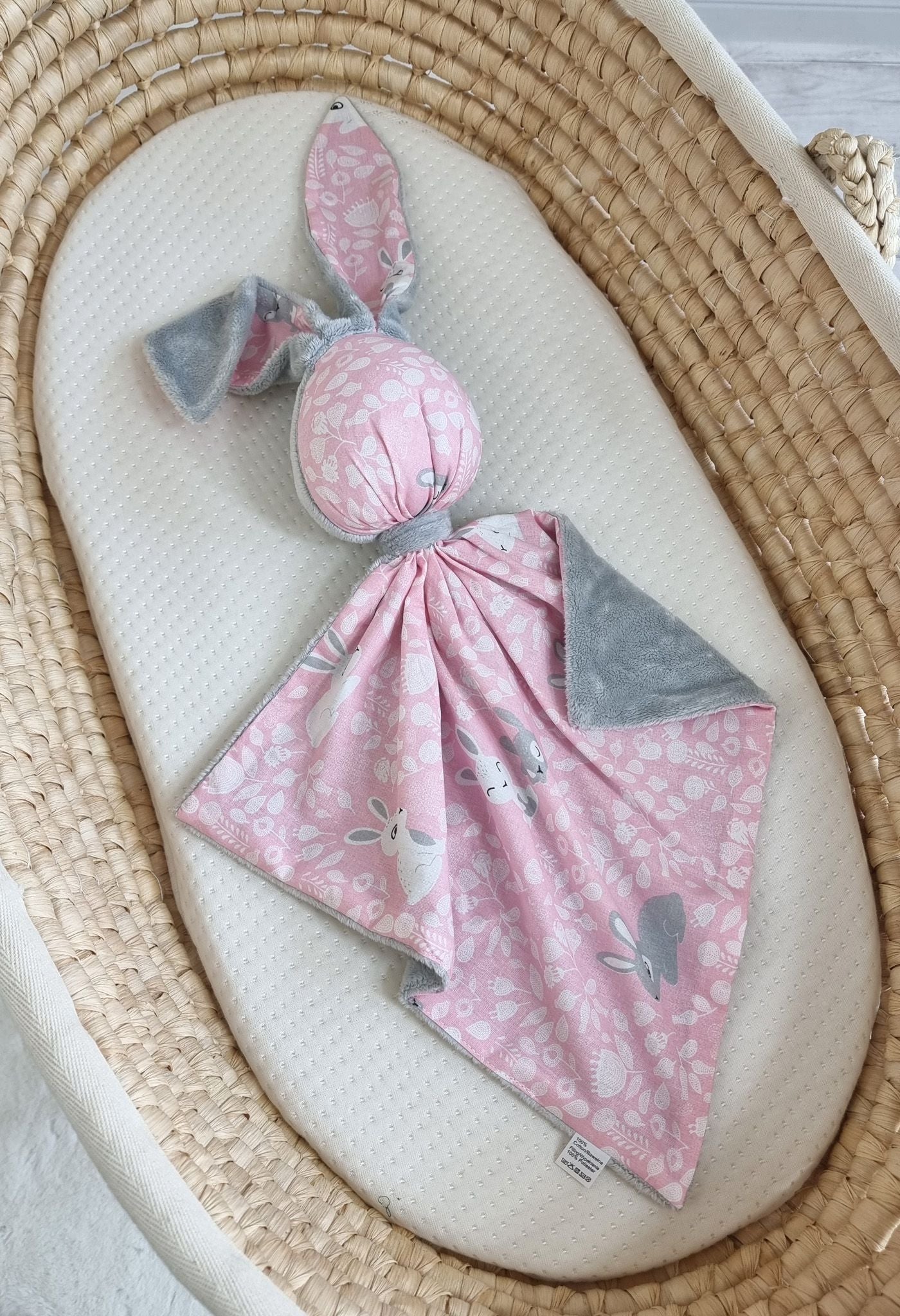 DOUDOU Cuddly bunny double-sided cotton and minky - Pink Bunnies - grey