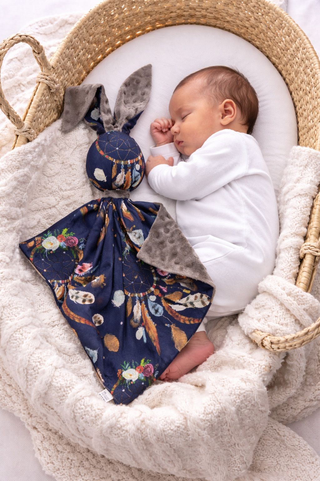 DOUDOU Cuddly bunny double-sided cotton and minky - Navy blue dream catchers - brown