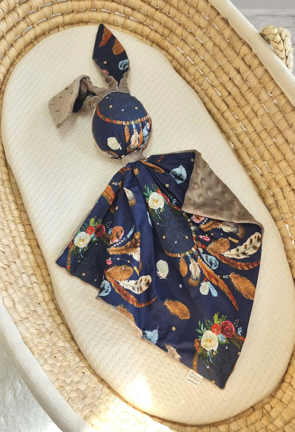 DOUDOU Cuddly bunny double-sided cotton and minky - Navy blue dream catchers - brown