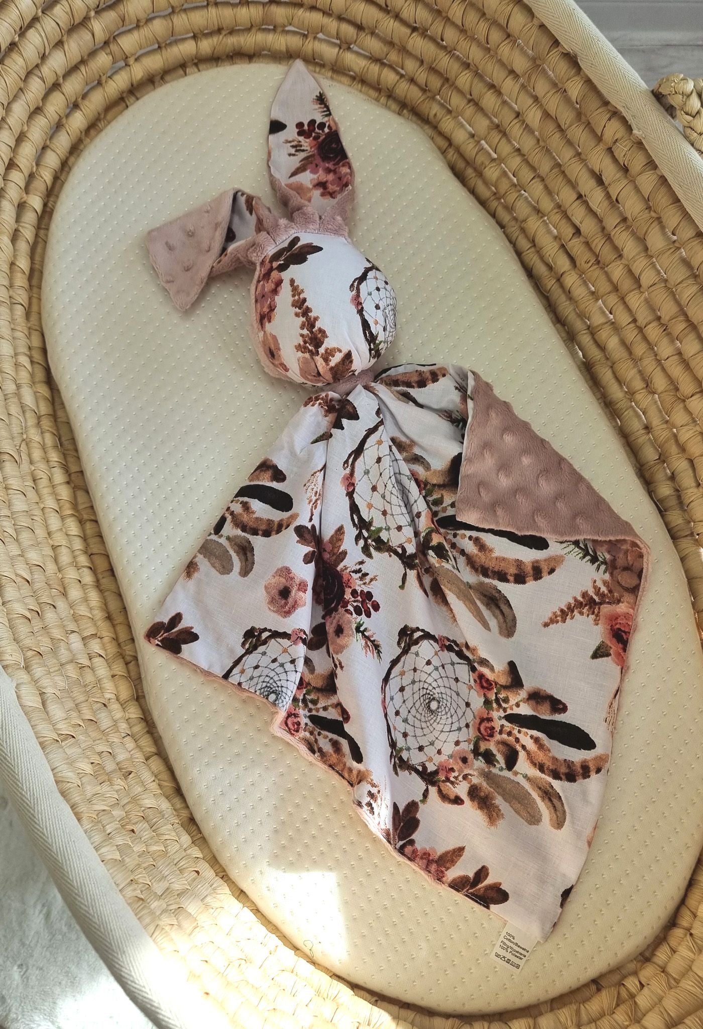 DOUDOU Cuddly bunny double-sided cotton and minky - Floral dream catchers - dusky pink