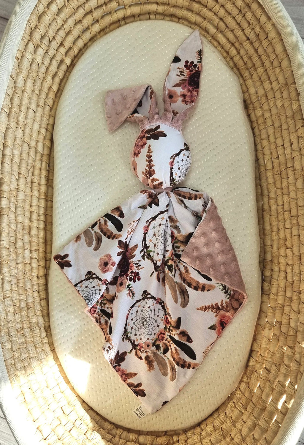 DOUDOU Cuddly bunny double-sided cotton and minky - Floral dream catchers - dusky pink