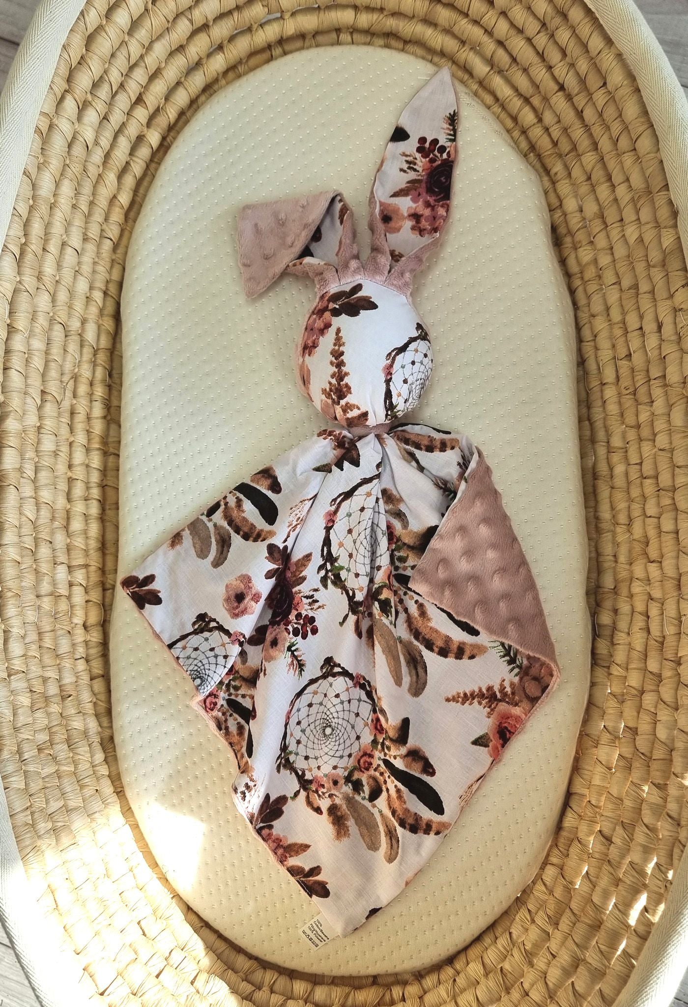 DOUDOU Cuddly bunny double-sided cotton and minky - Floral dream catchers - dusky pink