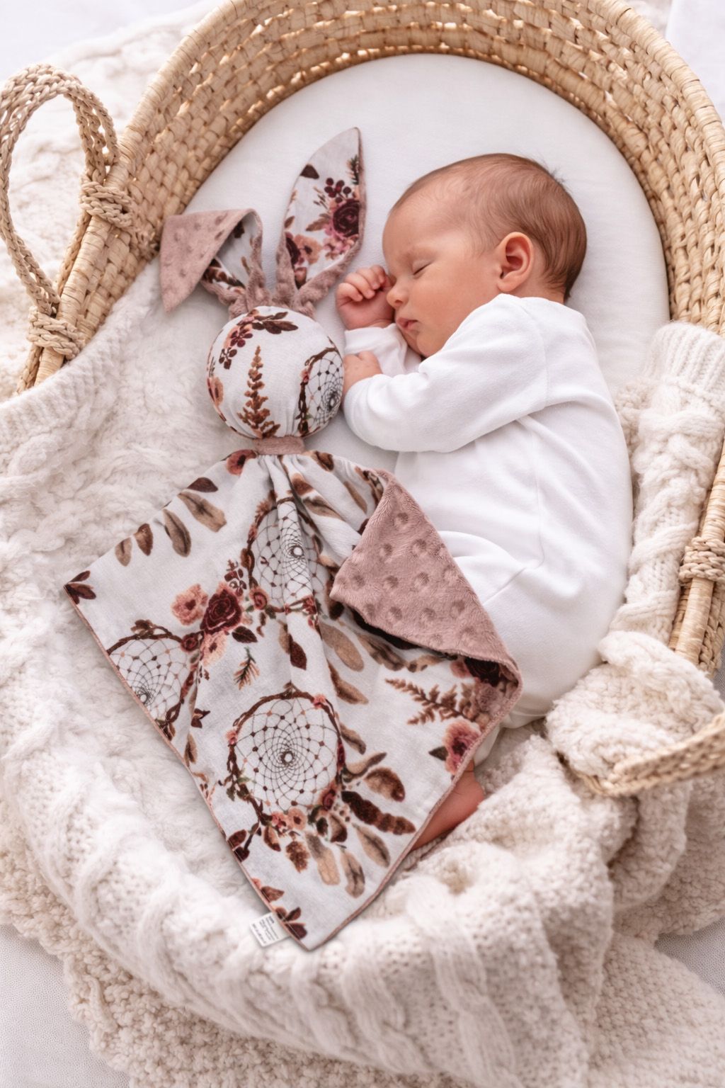DOUDOU Cuddly bunny double-sided cotton and minky - Floral dream catchers - dusky pink