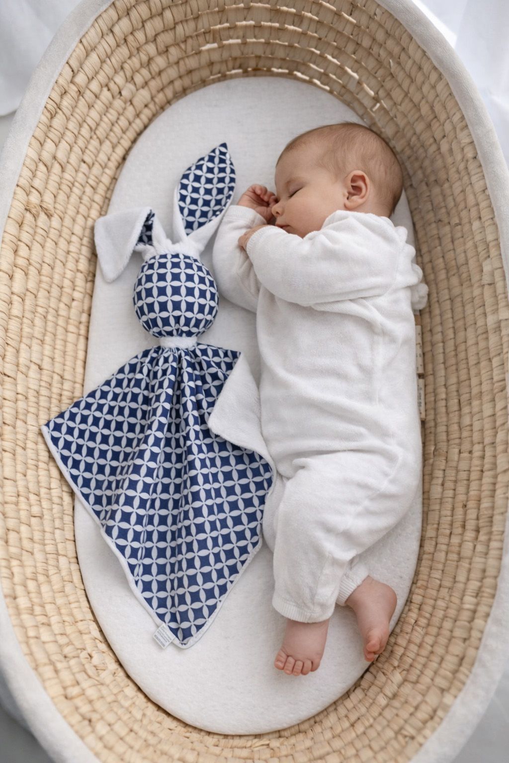 DOUDOU Cuddly bunny double-sided cotton and minky - Mini rosette navy blue - white