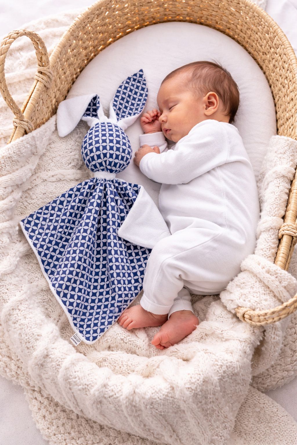 DOUDOU Cuddly bunny double-sided cotton and minky - Mini rosette navy blue - white