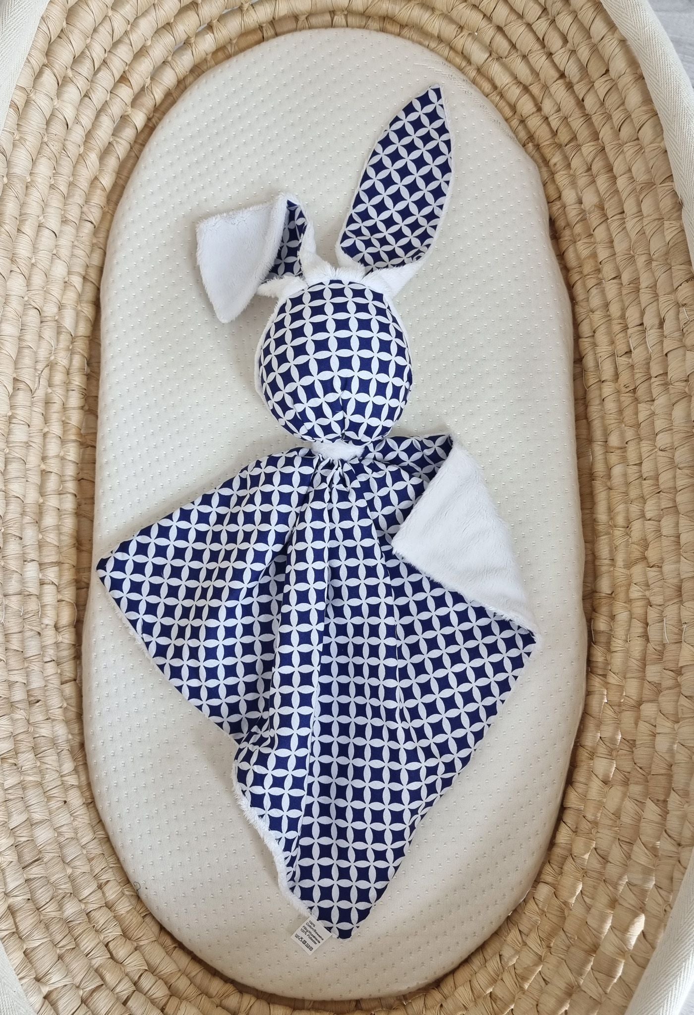 DOUDOU Cuddly bunny double-sided cotton and minky - Mini rosette navy blue - white