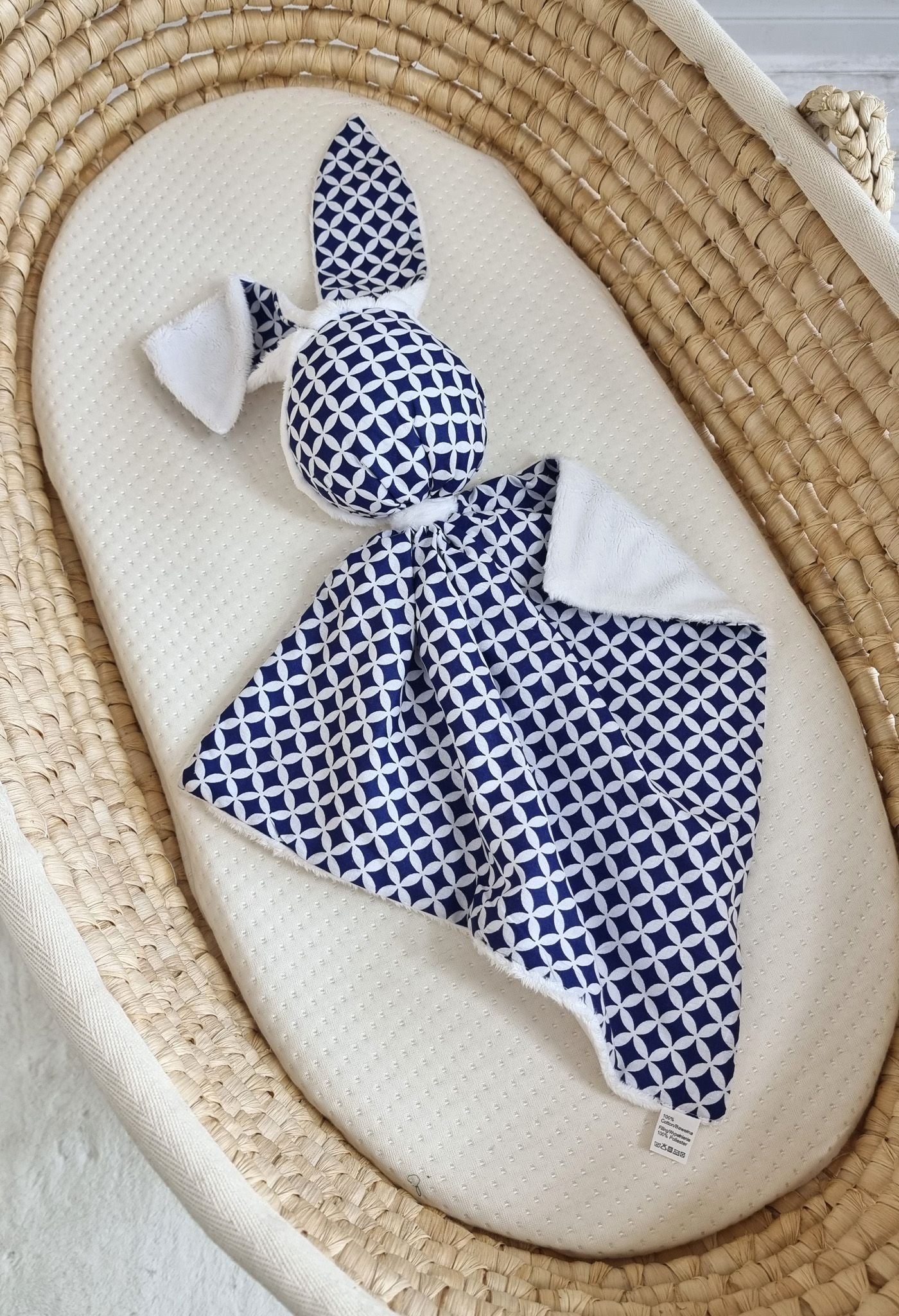 DOUDOU Cuddly bunny double-sided cotton and minky - Mini rosette navy blue - white