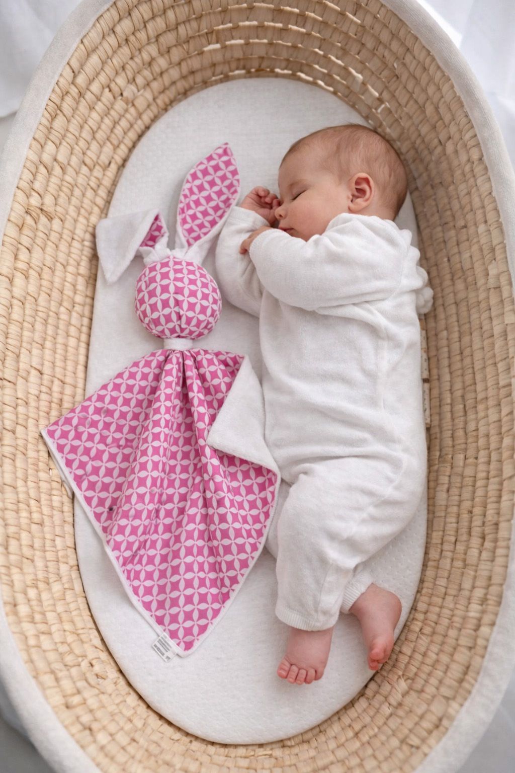 DOUDOU Cuddly bunny double-sided cotton and minky - Mini rosette pink - white