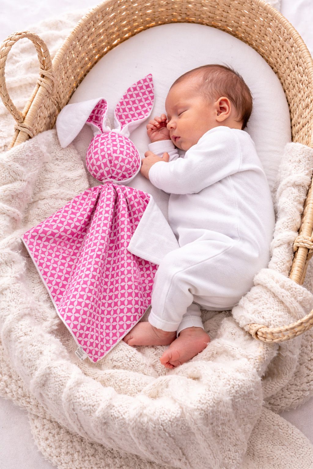 DOUDOU Cuddly bunny double-sided cotton and minky - Mini rosette pink - white