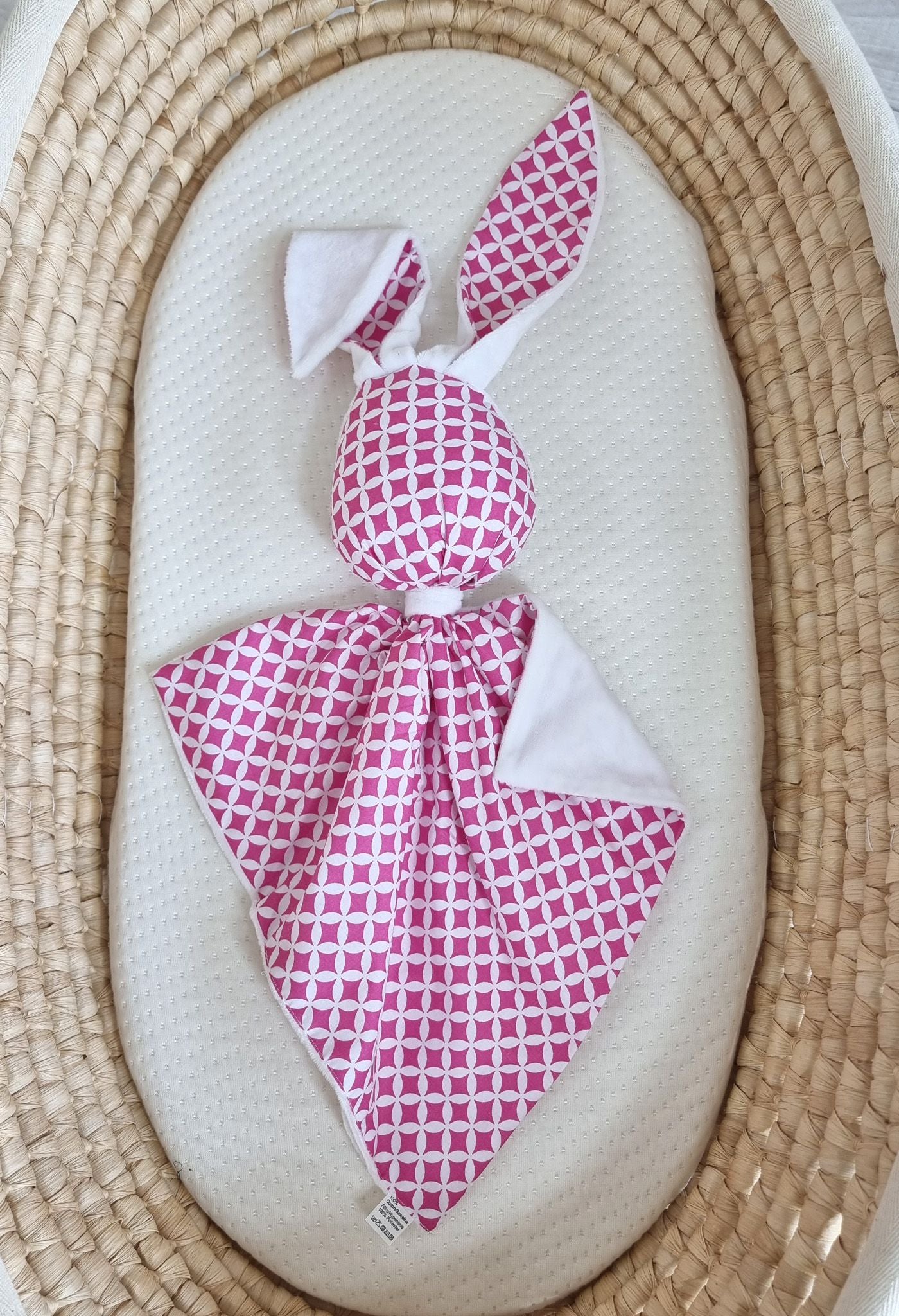 DOUDOU Cuddly bunny double-sided cotton and minky - Mini rosette pink - white