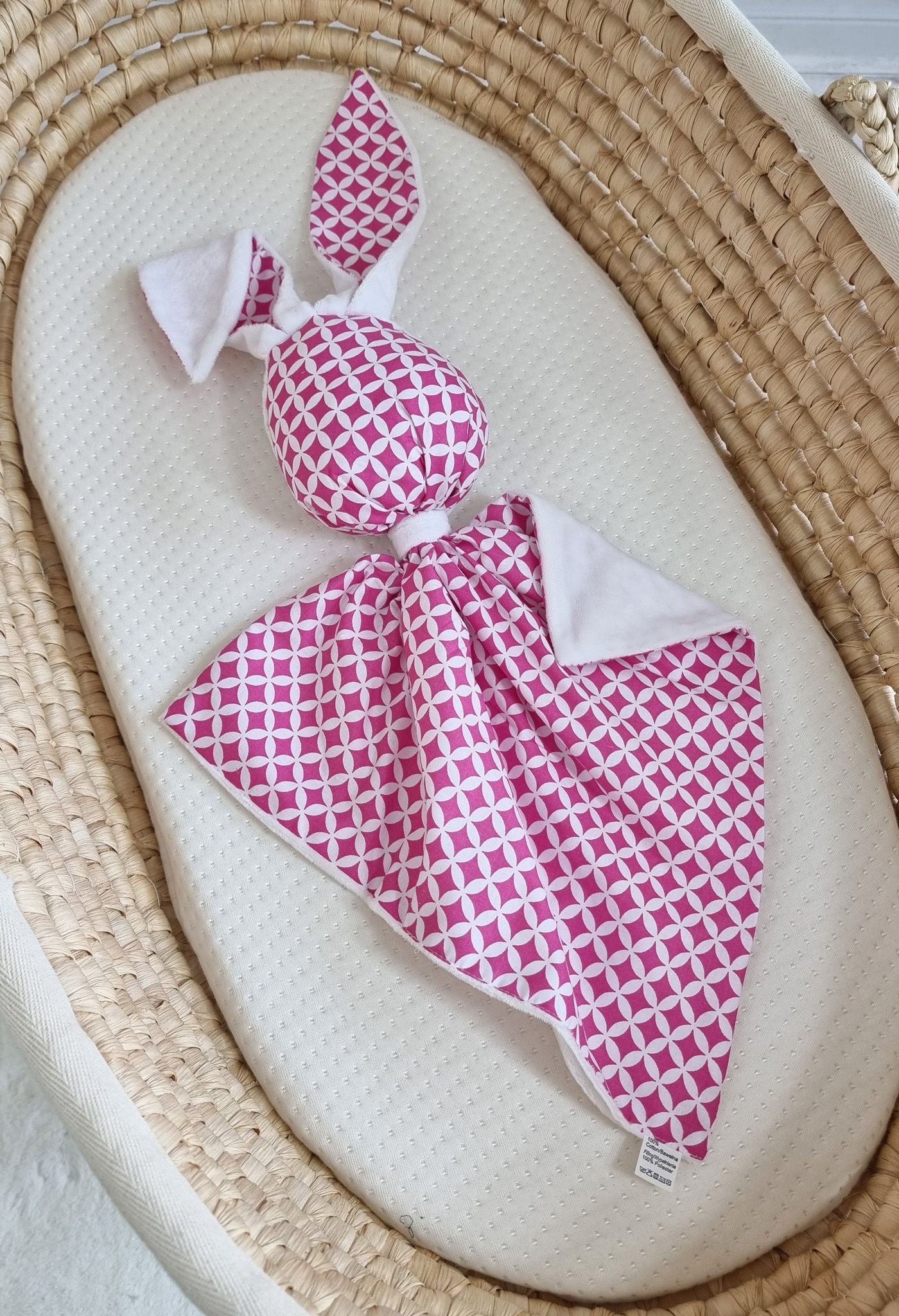 DOUDOU Cuddly bunny double-sided cotton and minky - Mini rosette pink - white