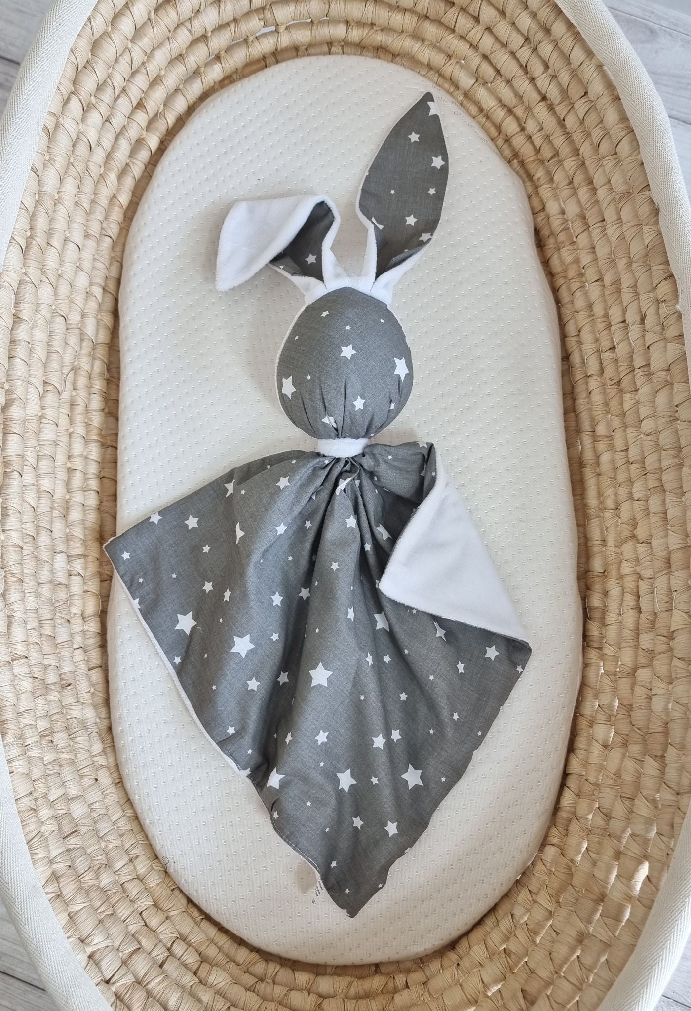 DOUDOU Cuddly bunny double-sided cotton and minky - Mini grey stars - white