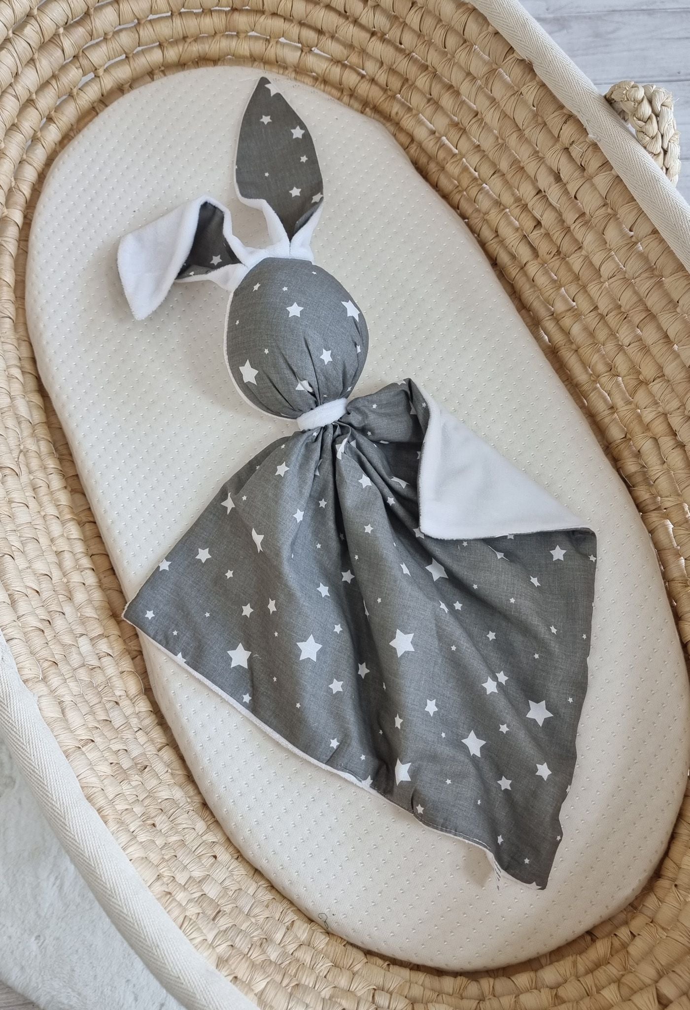 DOUDOU Cuddly bunny double-sided cotton and minky - Mini grey stars - white