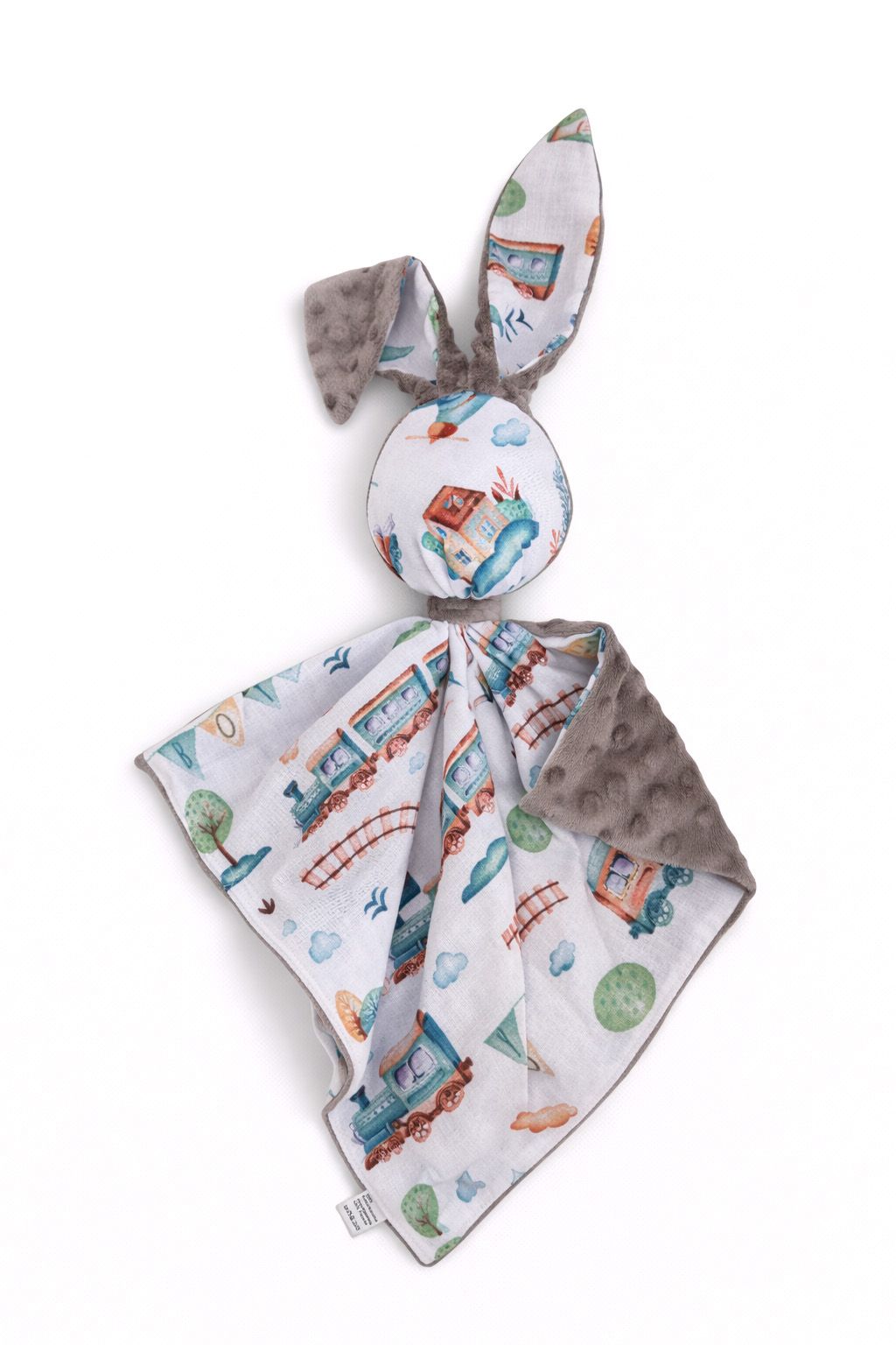 DOUDOU Cuddly bunny double-sided cotton and minky - Turquoise train - grey