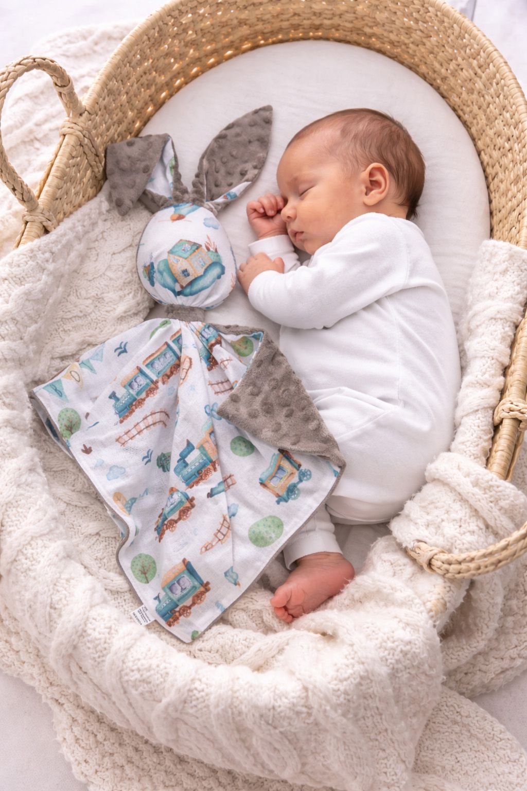 DOUDOU Cuddly bunny double-sided cotton and minky - Turquoise train - grey