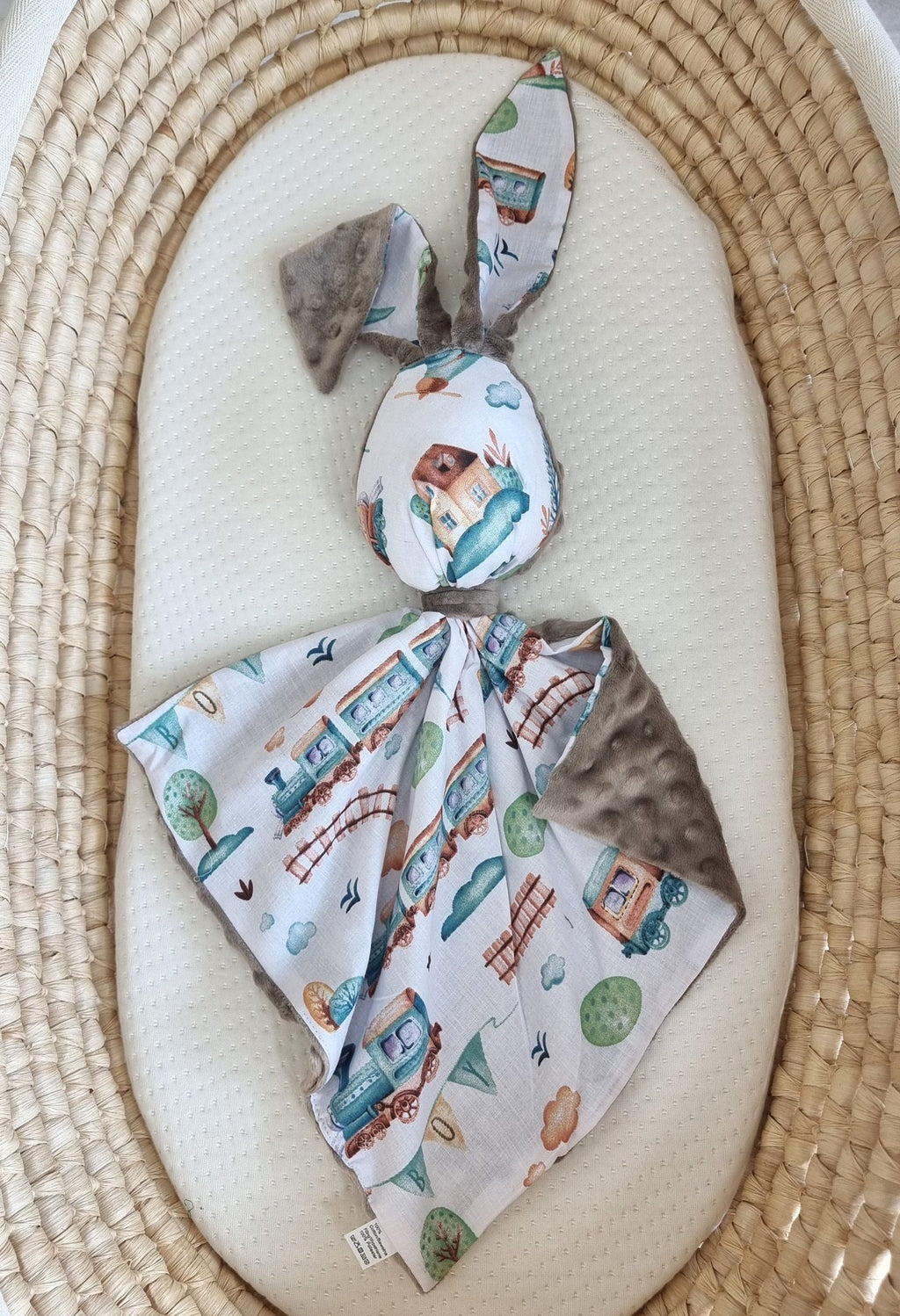 DOUDOU Cuddly bunny double-sided cotton and minky - Turquoise train - grey