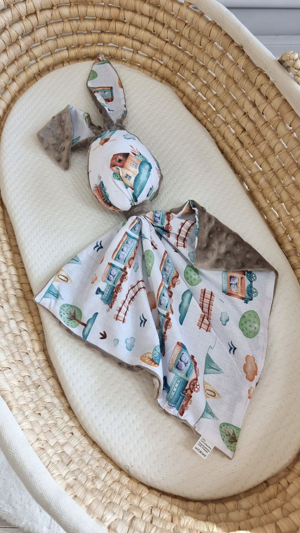 DOUDOU Cuddly bunny double-sided cotton and minky - Turquoise train - grey
