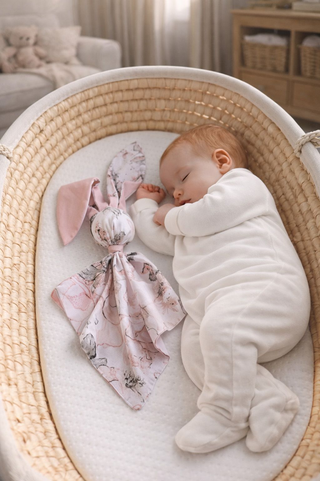 DOUDOU Soft cosy cuddly bunny blanket in cotton - Sepia roses/pastel pink