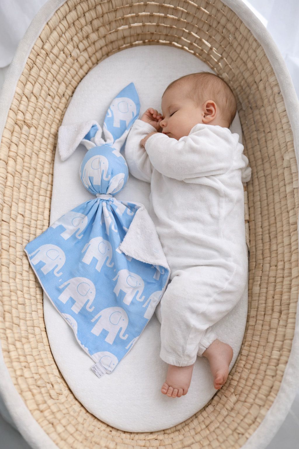 DOUDOU Cuddly bunny double-sided cotton and minky - Blue elephants - white