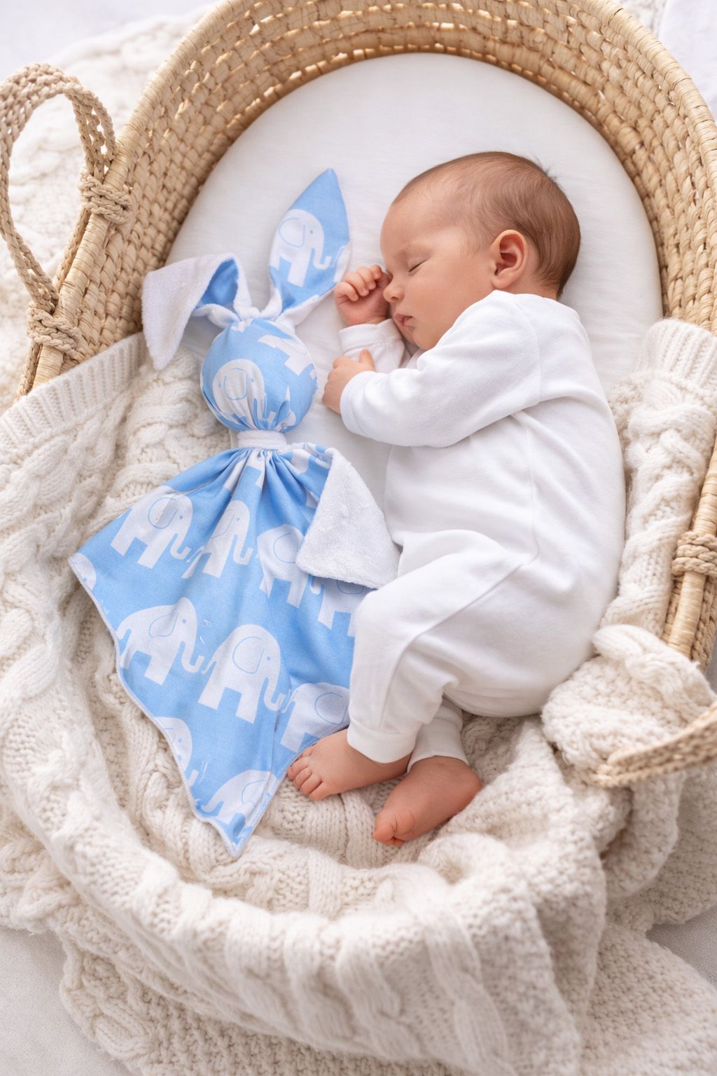 DOUDOU Cuddly bunny double-sided cotton and minky - Blue elephants - white