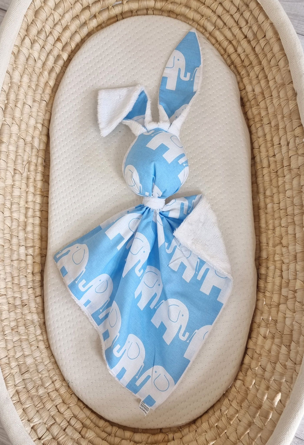DOUDOU Cuddly bunny double-sided cotton and minky - Blue elephants - white