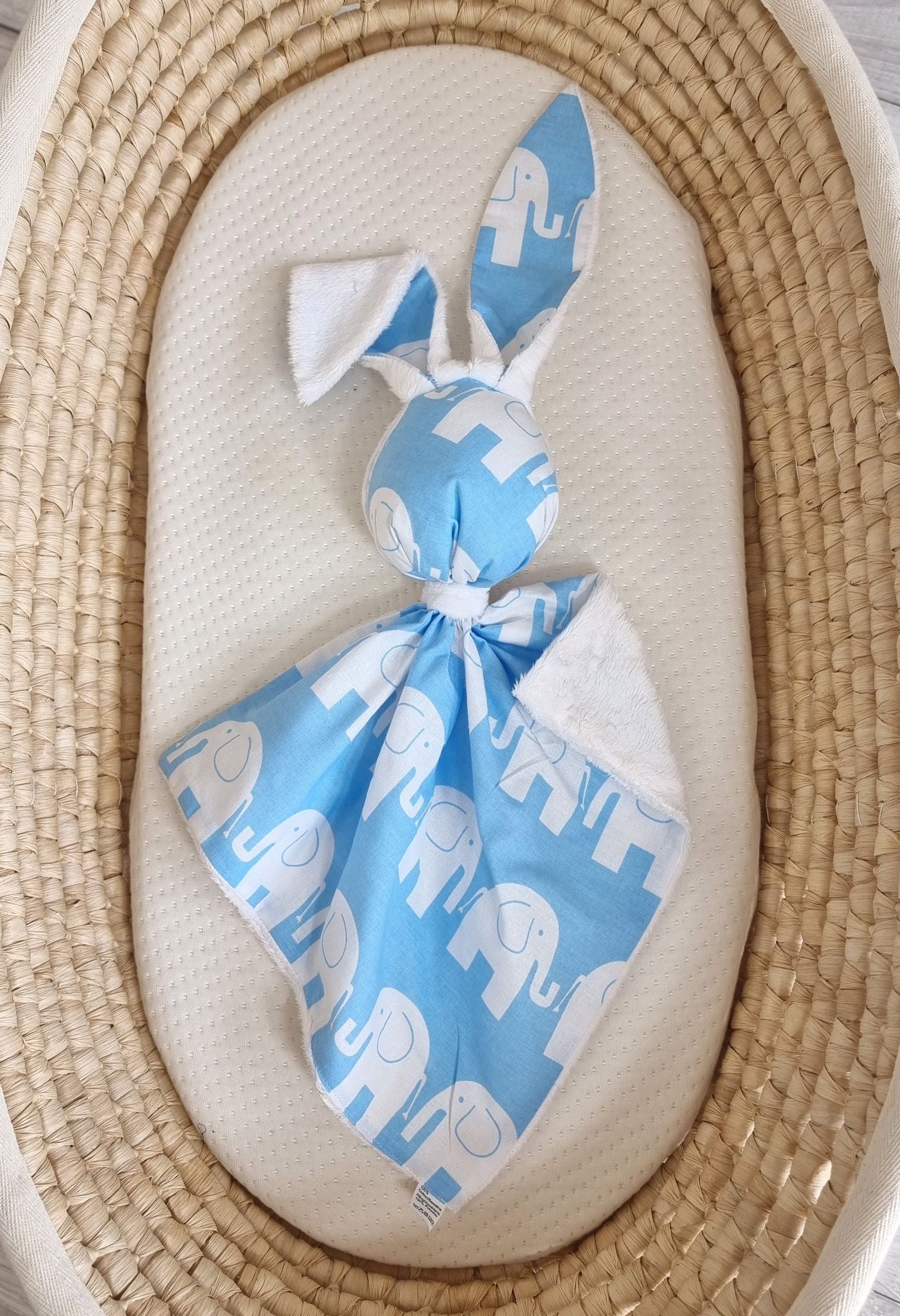DOUDOU Cuddly bunny double-sided cotton and minky - Blue elephants - white