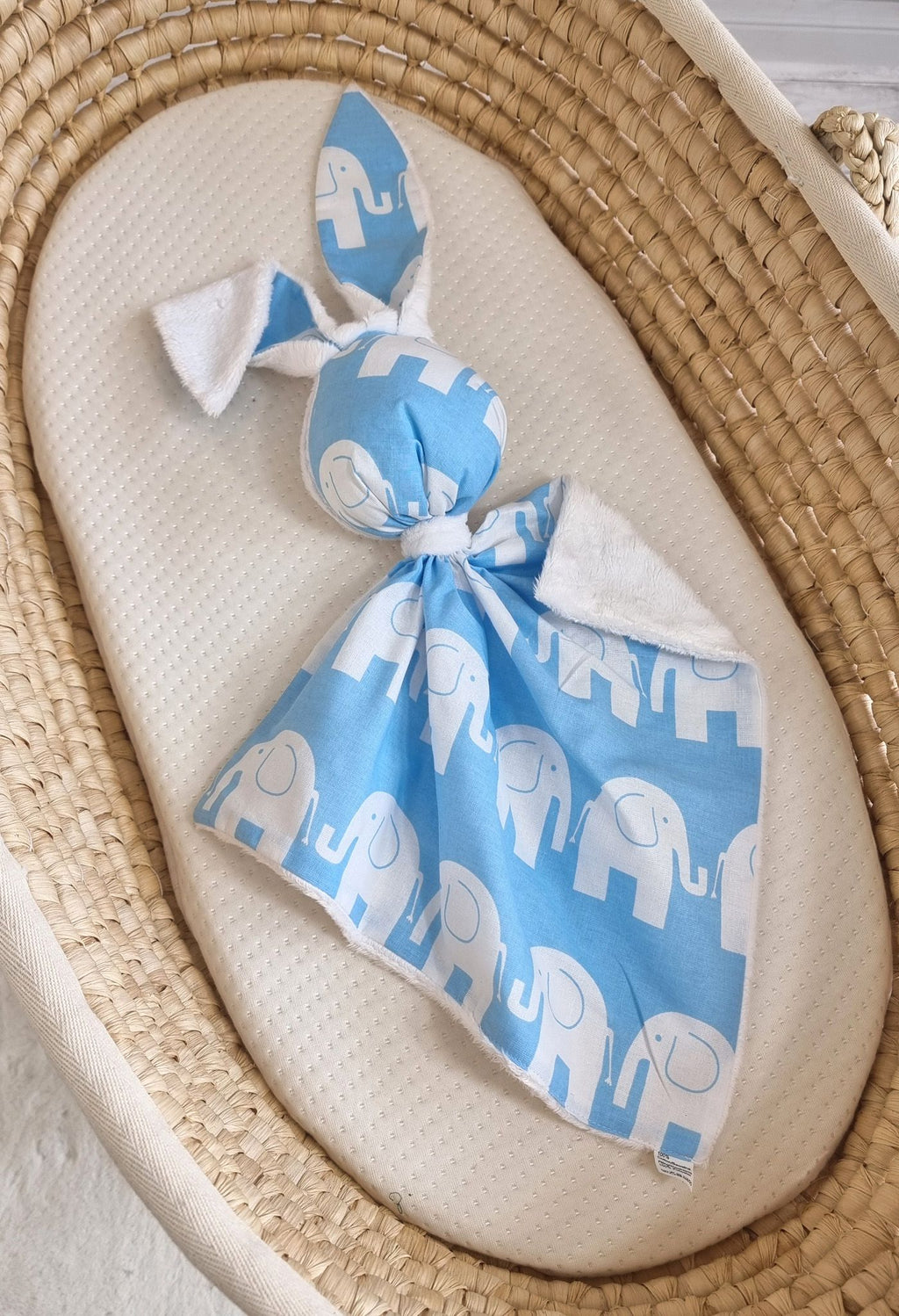 DOUDOU Cuddly bunny double-sided cotton and minky - Blue elephants - white