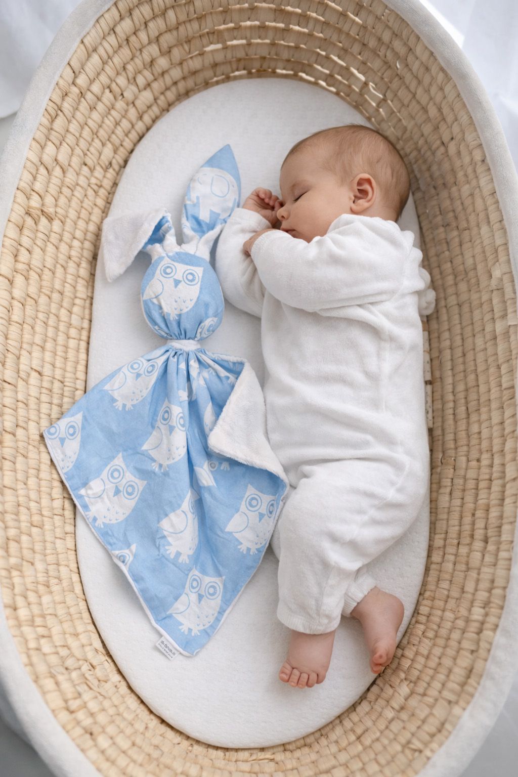 DOUDOU Cuddly bunny double-sided cotton and minky - Blue owls - white