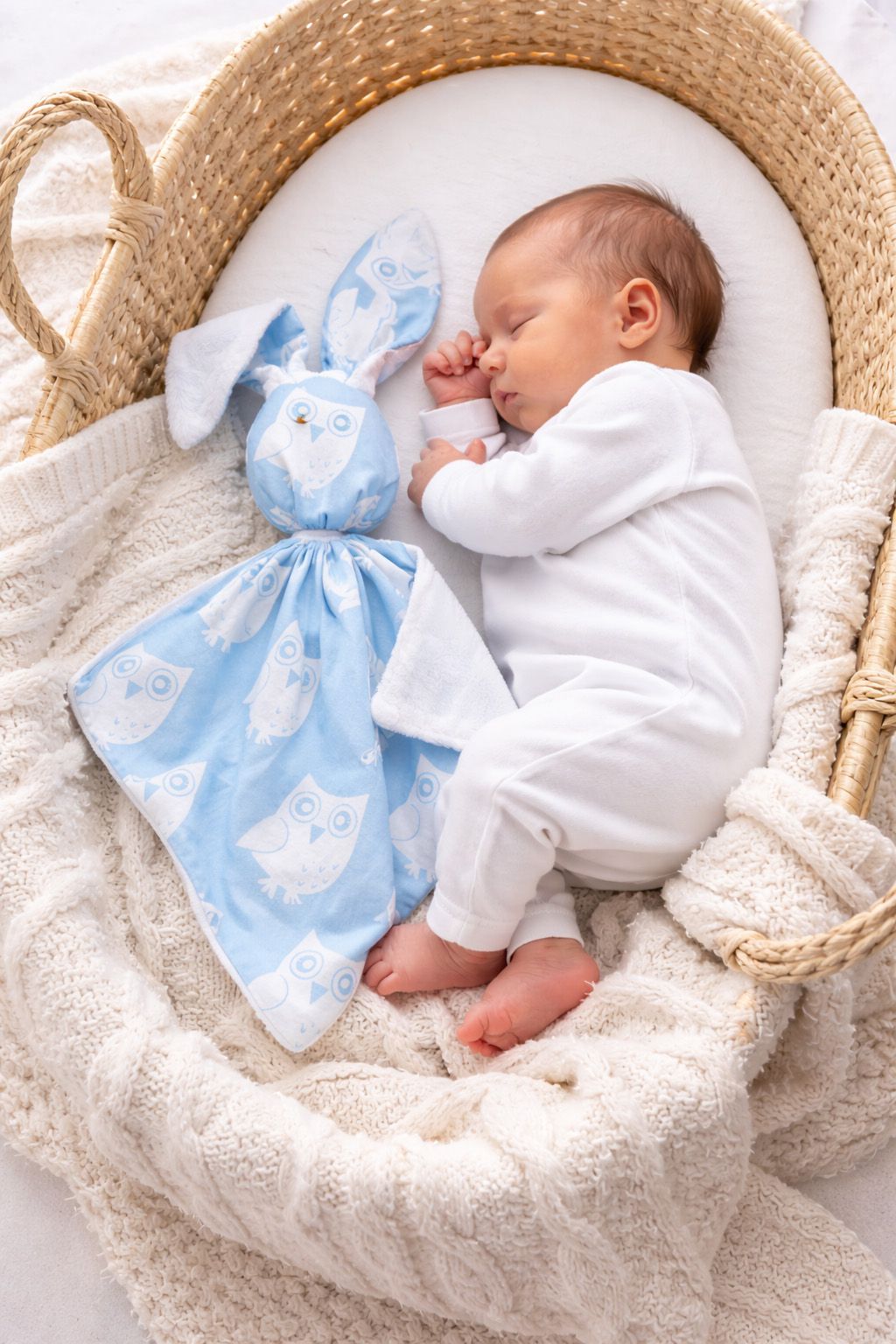 DOUDOU Cuddly bunny double-sided cotton and minky - Blue owls - white