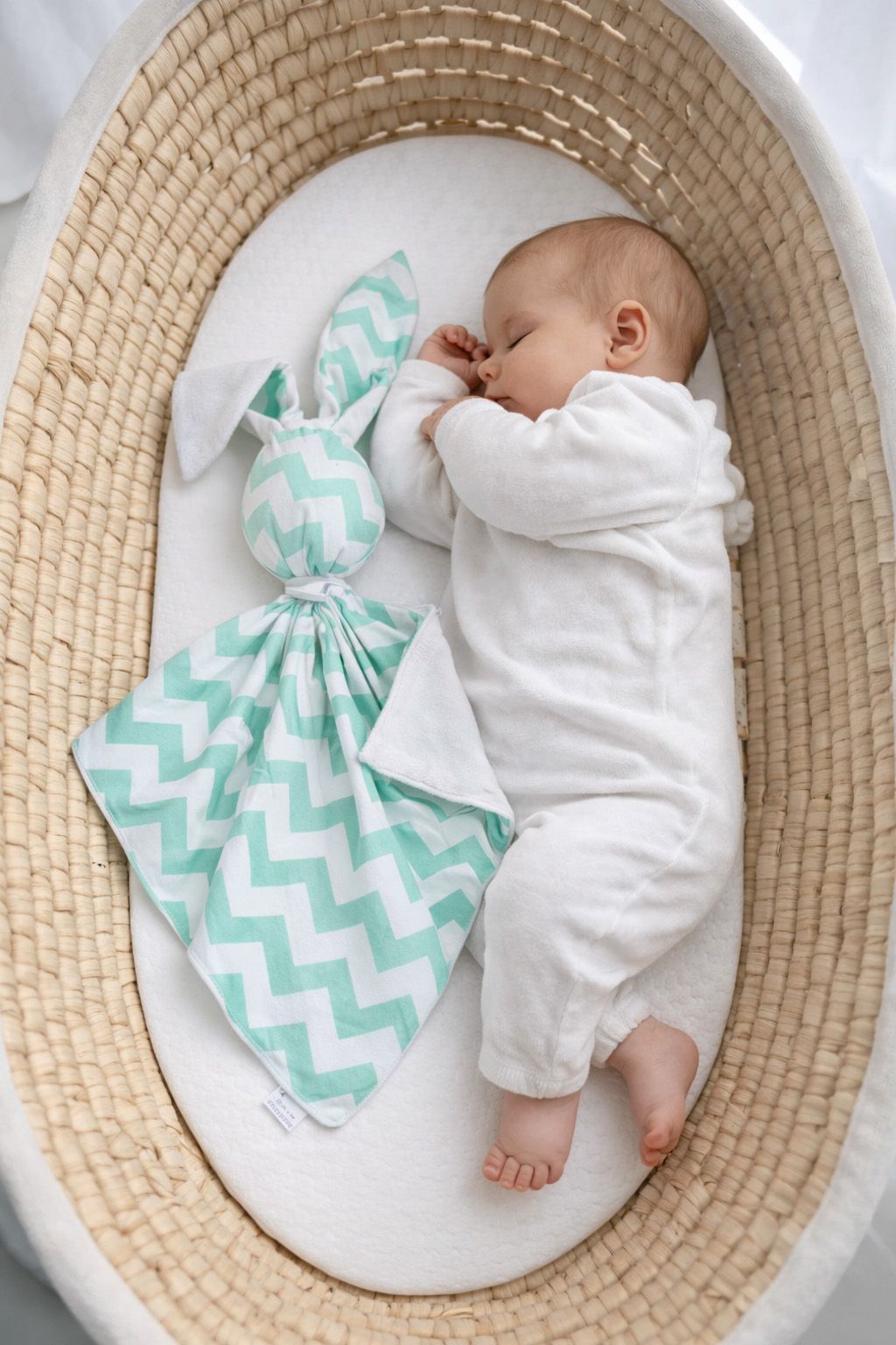 DOUDOU Cuddly bunny double-sided cotton and minky - Mint chevron - white