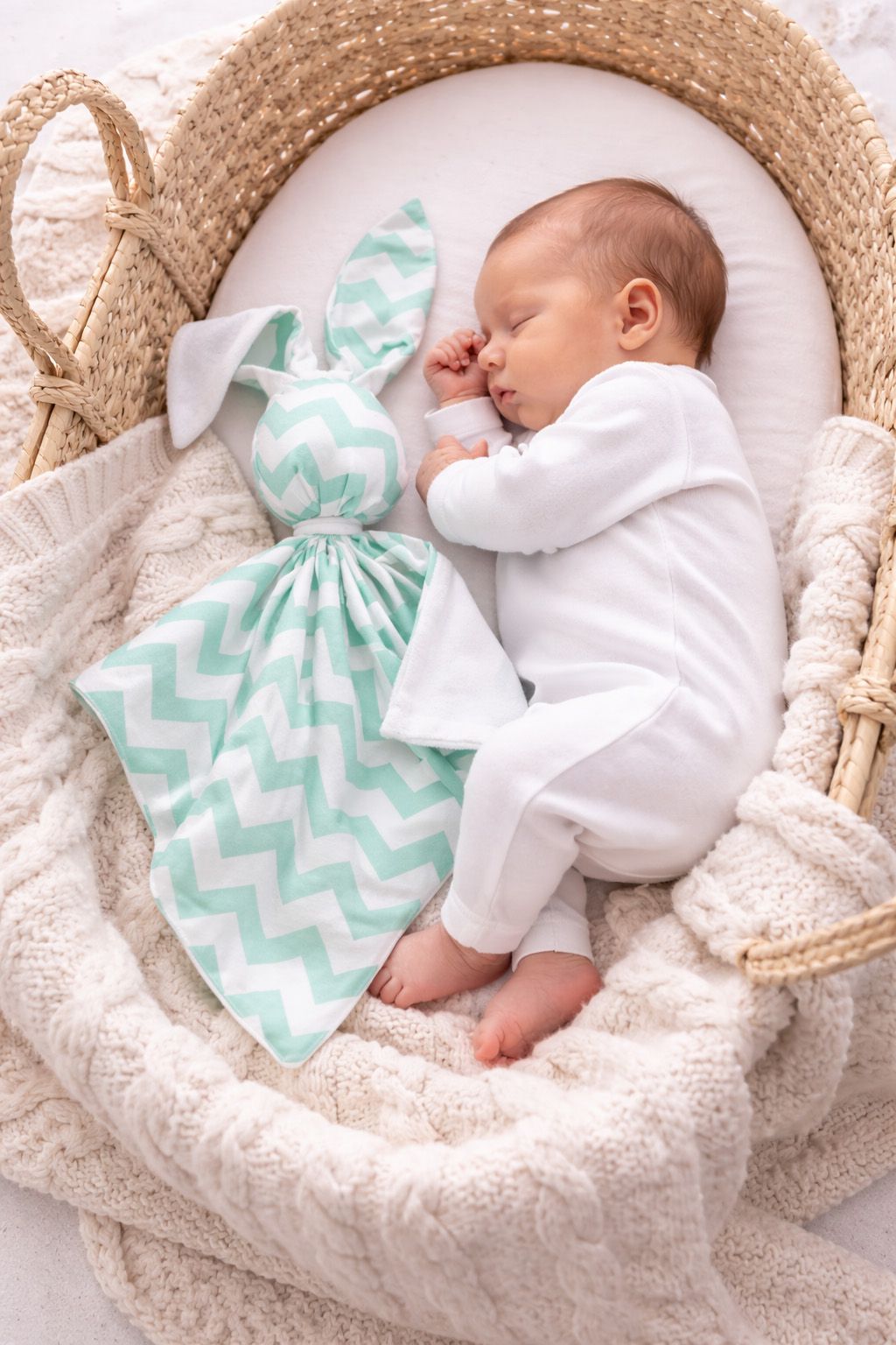 DOUDOU Cuddly bunny double-sided cotton and minky - Mint chevron - white