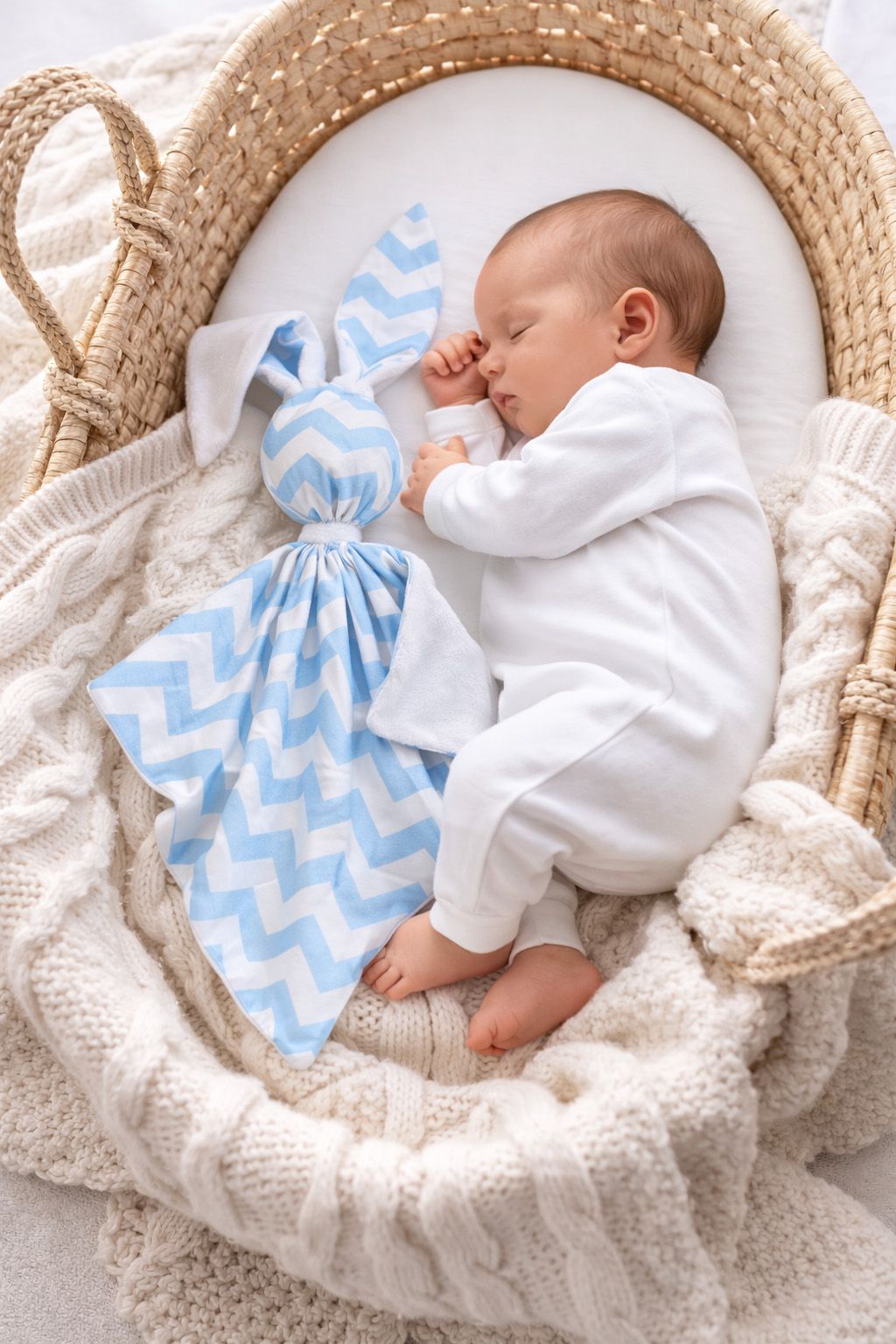 DOUDOU Cuddly bunny double-sided cotton and minky - Blue chevron - white