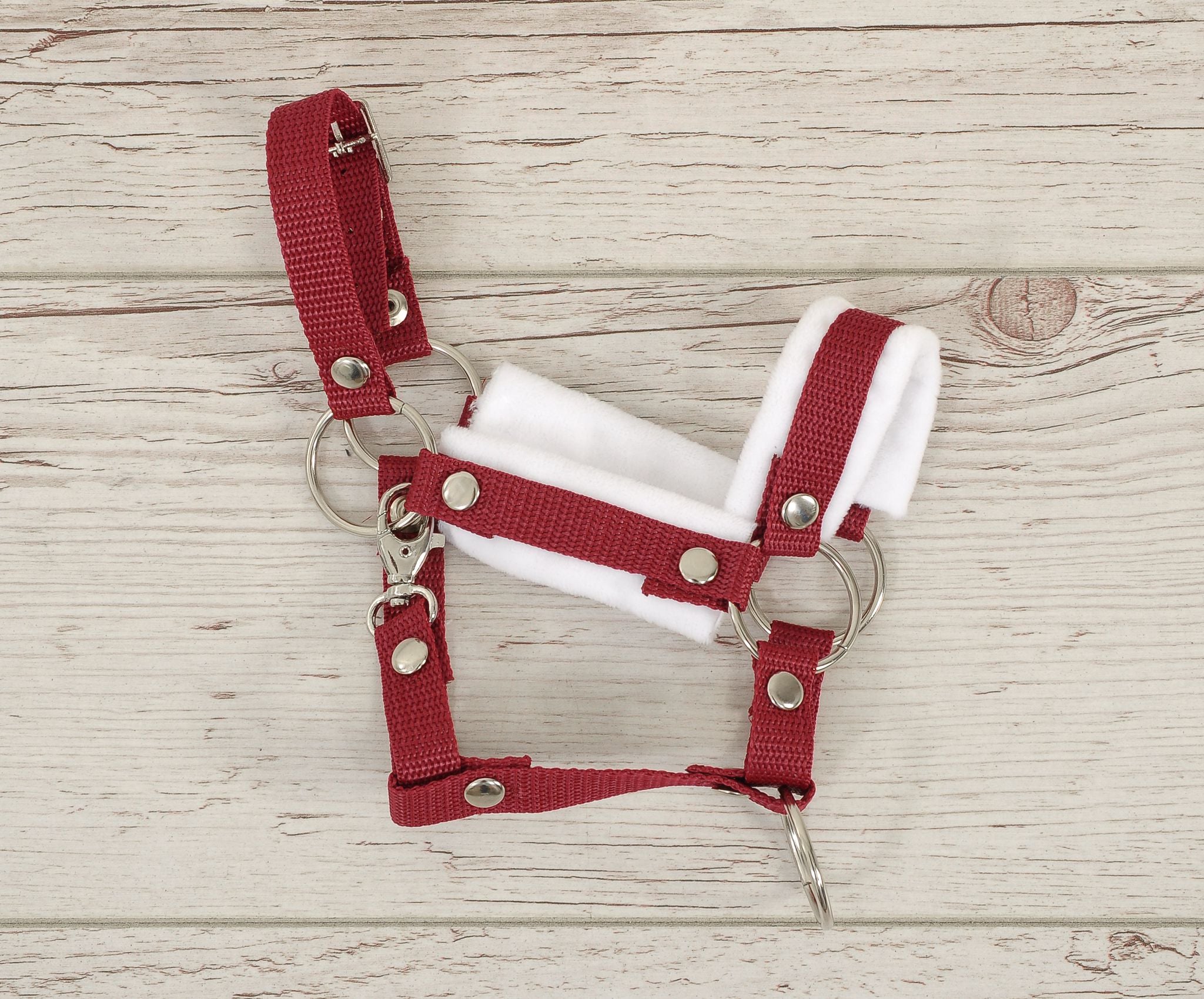 The adjustable halter for Hobby Horse A3 - burgundy with white furry